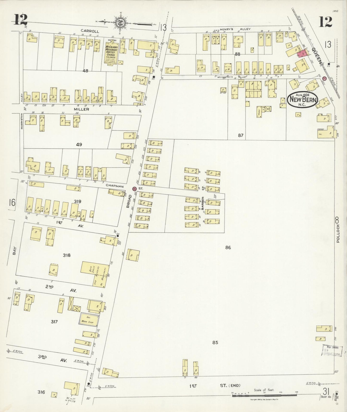 Sanborn Fire Insurance Map from New Bern, Craven County, North Carolina (1924), Sheet #0012 - Historic Sanborn Fire Insurance Map Print, vintage old map wall art, antique decor, genealogy gift, North Carolina North Carolina map