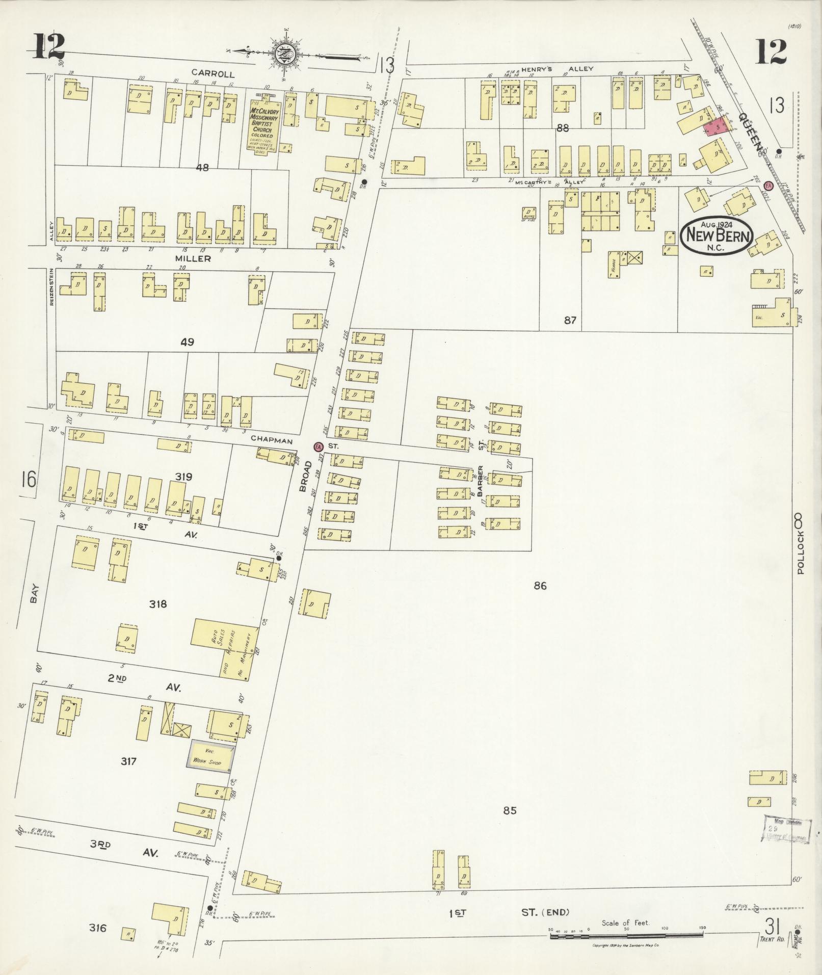 Sanborn Fire Insurance Map from New Bern, Craven County, North Carolina (1924), Sheet #0012 - Historic Sanborn Fire Insurance Map Print, vintage old map wall art, antique decor, genealogy gift, North Carolina North Carolina map