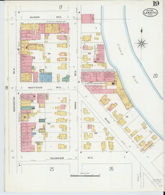 Sanborn Fire Insurance Map from Lansing, Ingham County, Michigan (1906), Sheet #0019 - Historic Sanborn Fire Insurance Map Print, vintage old map wall art, antique decor, genealogy gift, Michigan Michigan map