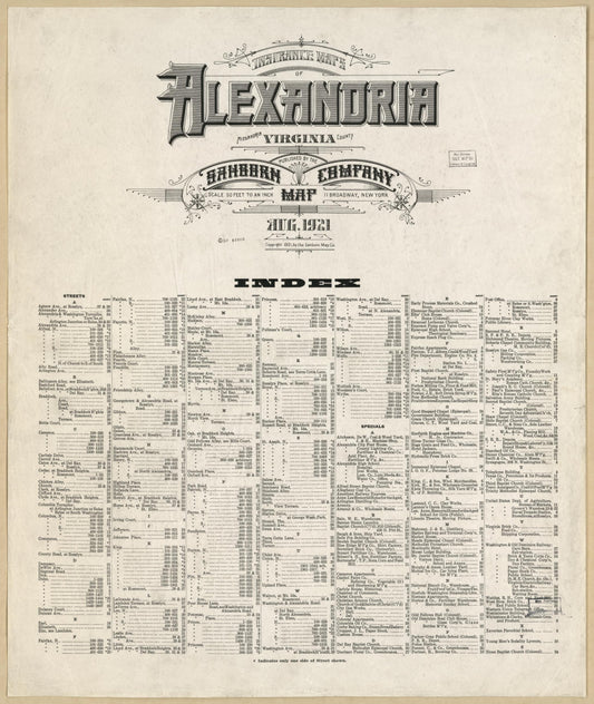 Sanborn Fire Insurance Map from Alexandria, Independent Cities, Virginia (1921), Sheet #0001 - Historic Sanborn Fire Insurance Map Print, vintage old map wall art, antique decor, genealogy gift, Virginia Virginia map