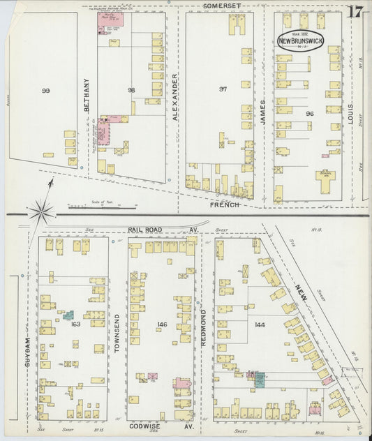 Sanborn Fire Insurance Map from New Brunswick, Middlesex County, New Jersey (1892), Sheet #0017 - Historic Sanborn Fire Insurance Map Print, vintage old map wall art, antique decor, genealogy gift, New Jersey New Jersey map