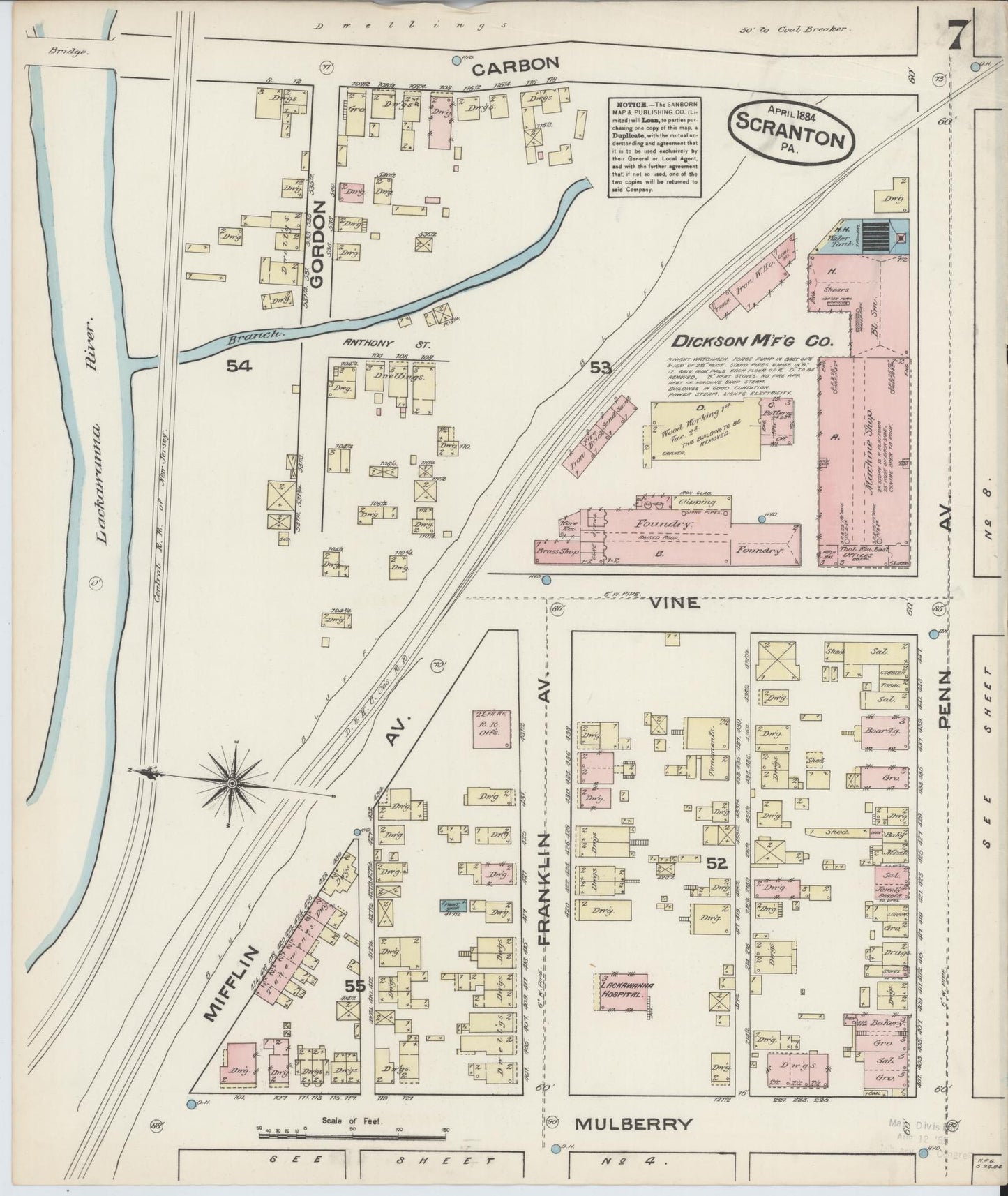 Sanborn Fire Insurance Map from Scranton, Lackawanna County, Pennsylvania (1884), Sheet #0007 - Complete Map Set gallery image, historic Sanborn map, vintage wall art, Pennsylvania Pennsylvania