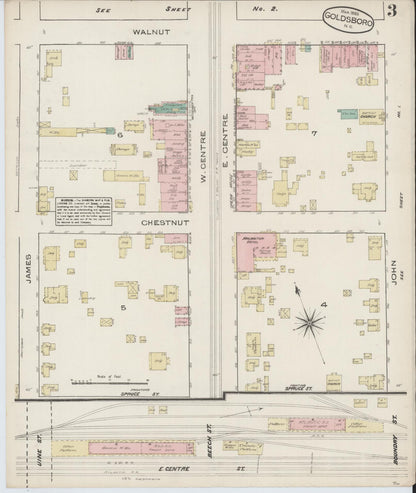 Sanborn Fire Insurance Map from Goldsboro, Wayne County, North Carolina (1885), Sheet #0003 - Historic Sanborn Fire Insurance Map Print, vintage old map wall art, antique decor, genealogy gift, North Carolina North Carolina map