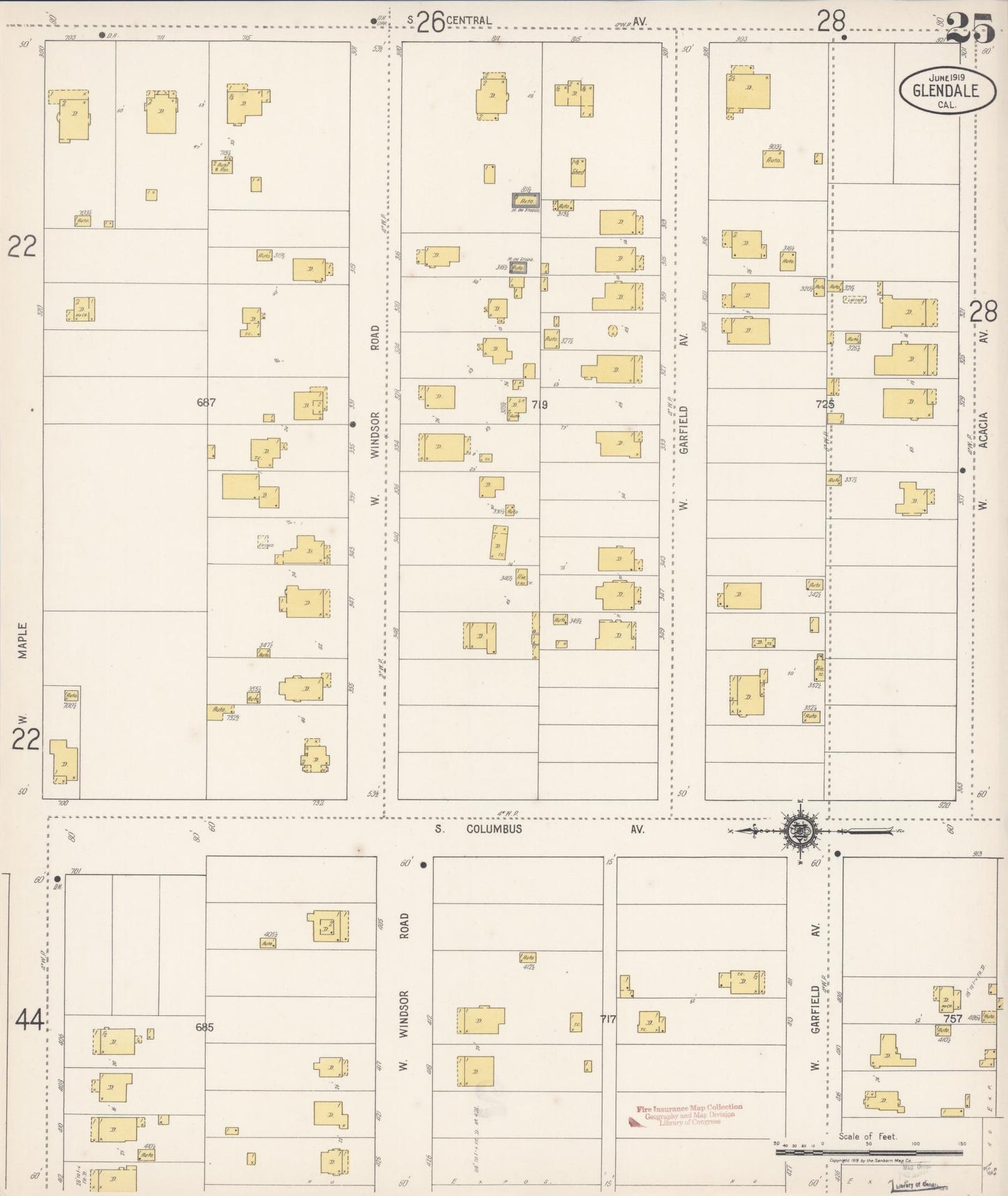 Sanborn Fire Insurance Map from Glendale, Los Angeles County, California (1919), Sheet #0025 - Historic Sanborn Fire Insurance Map Print, vintage old map wall art, antique decor, genealogy gift, California California map