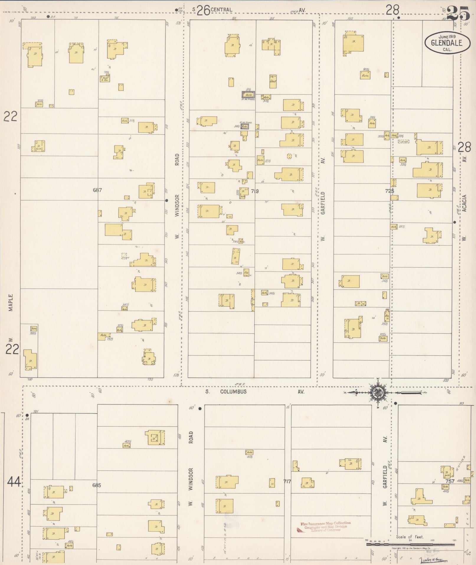 Sanborn Fire Insurance Map from Glendale, Los Angeles County, California (1919), Sheet #0025 - Historic Sanborn Fire Insurance Map Print, vintage old map wall art, antique decor, genealogy gift, California California map
