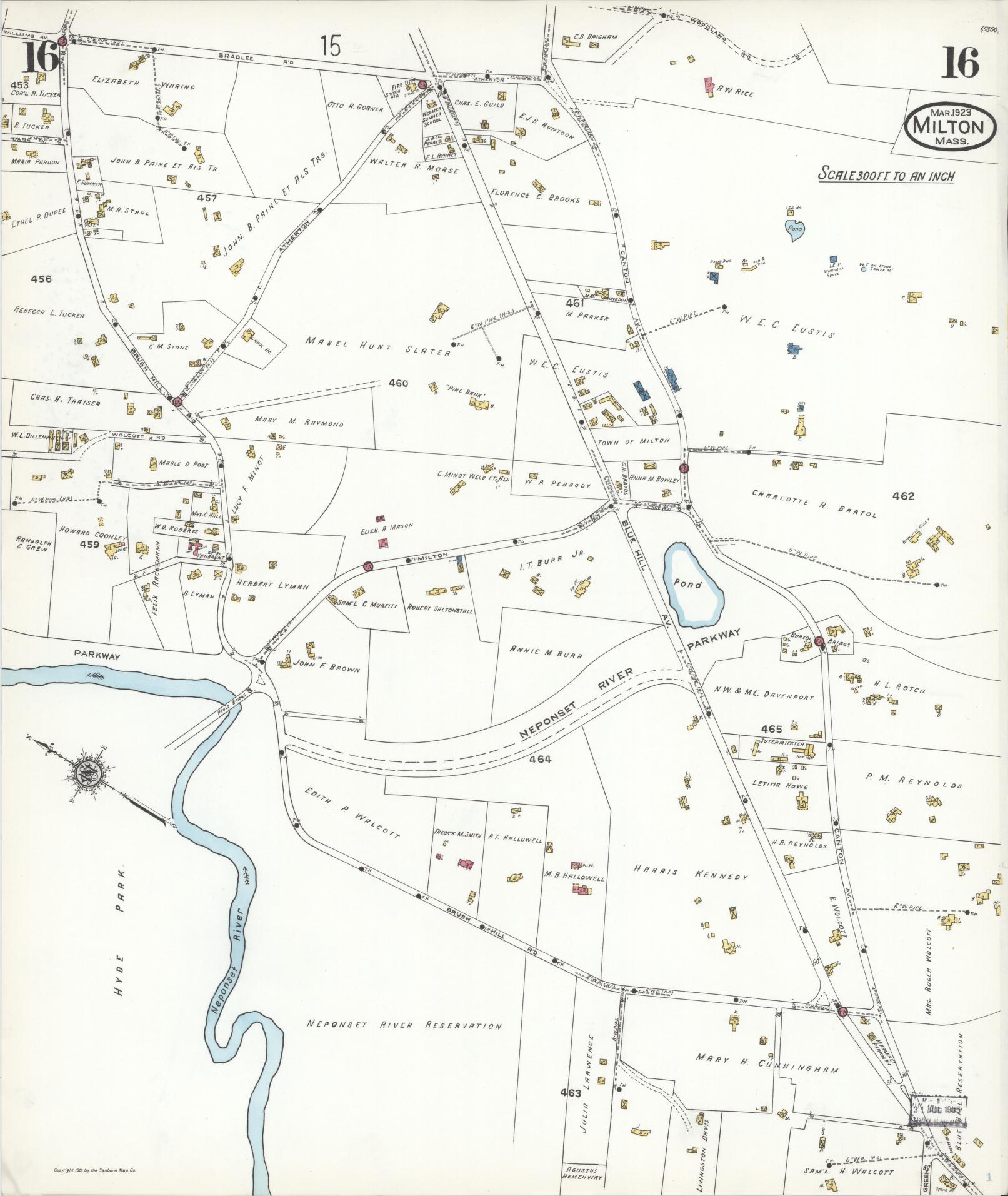 Sanborn Fire Insurance Map from Milton, Norfolk County, Massachusetts (1923), Sheet #0016 - Complete Map Set gallery image, historic Sanborn map, vintage wall art, Massachusetts Massachusetts