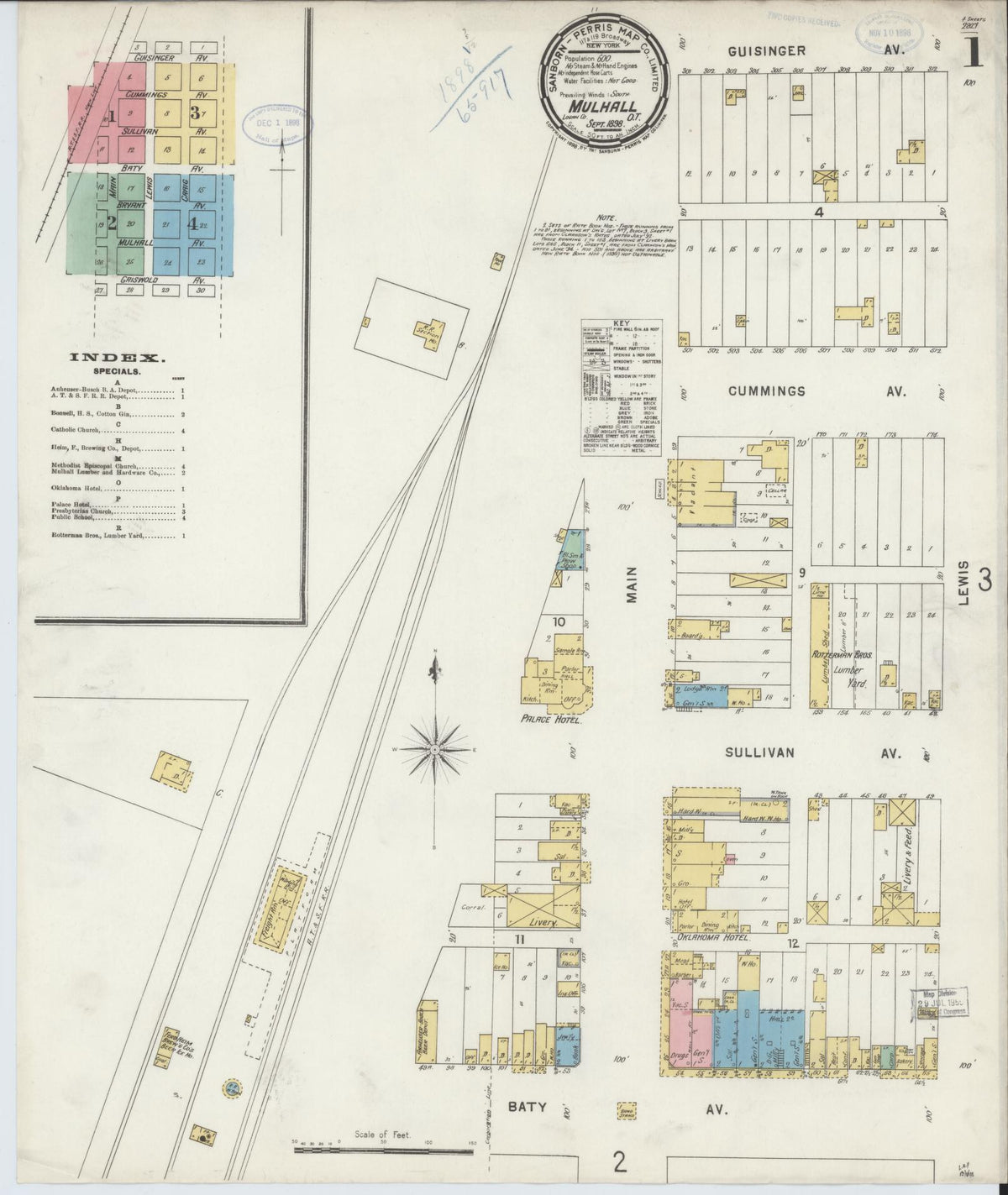 Sanborn Fire Insurance Map from Mulhall, Logan County, Oklahoma (1898), Sheet #0001 - Historic Sanborn Fire Insurance Map Print, vintage old map wall art, antique decor, genealogy gift, Oklahoma Oklahoma map