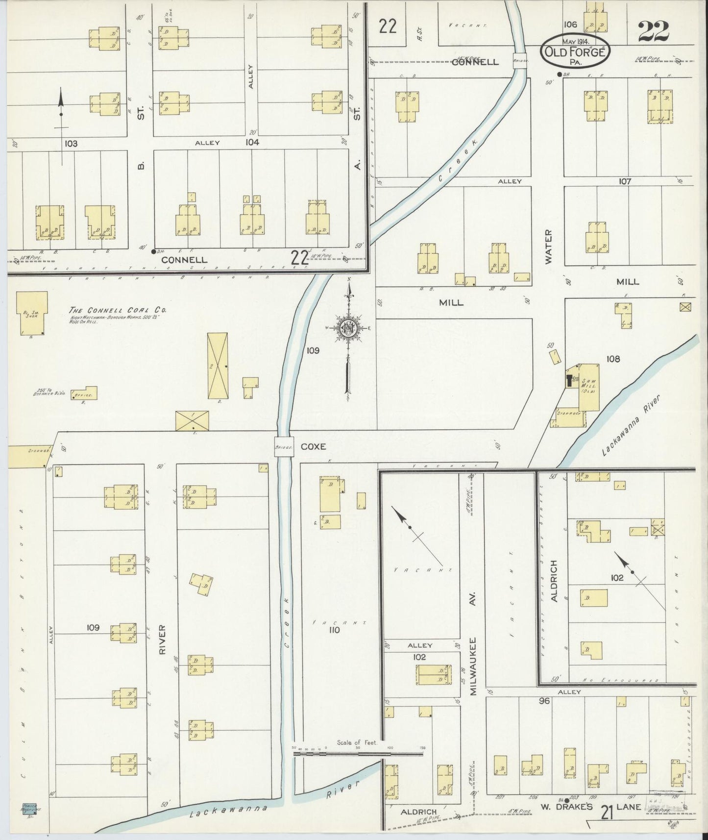 Sanborn Fire Insurance Map from Old Forge, Lackawanna County, Pennsylvania (1914), Sheet #0022 - Historic Sanborn Fire Insurance Map Print, vintage old map wall art, antique decor, genealogy gift, Pennsylvania Pennsylvania map