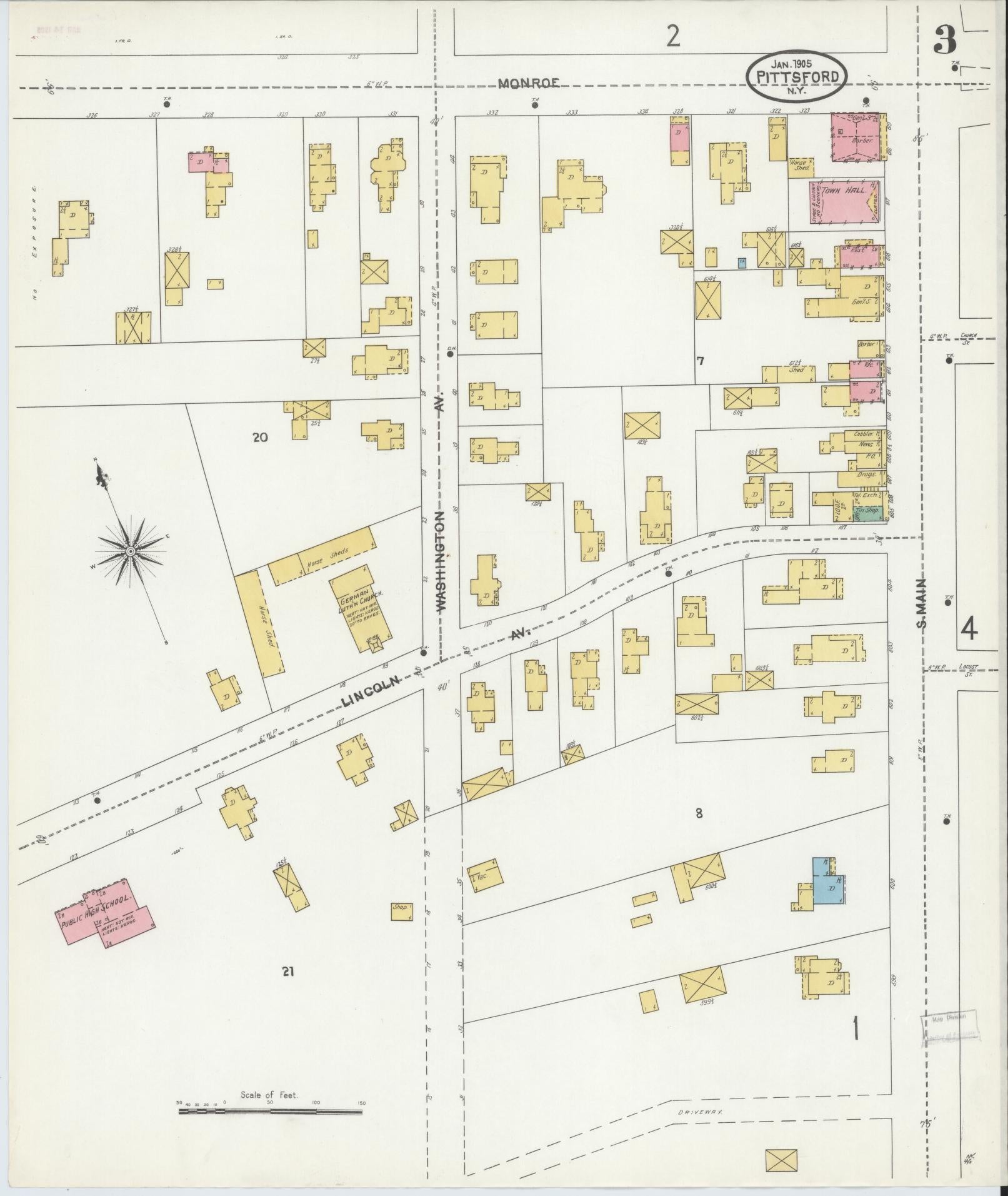 Sanborn Fire Insurance Map from Pittsford, Monroe County, New York (1905), Sheet #0003 - Historic Sanborn Fire Insurance Map Print, vintage old map wall art, antique decor, genealogy gift, New York New York map