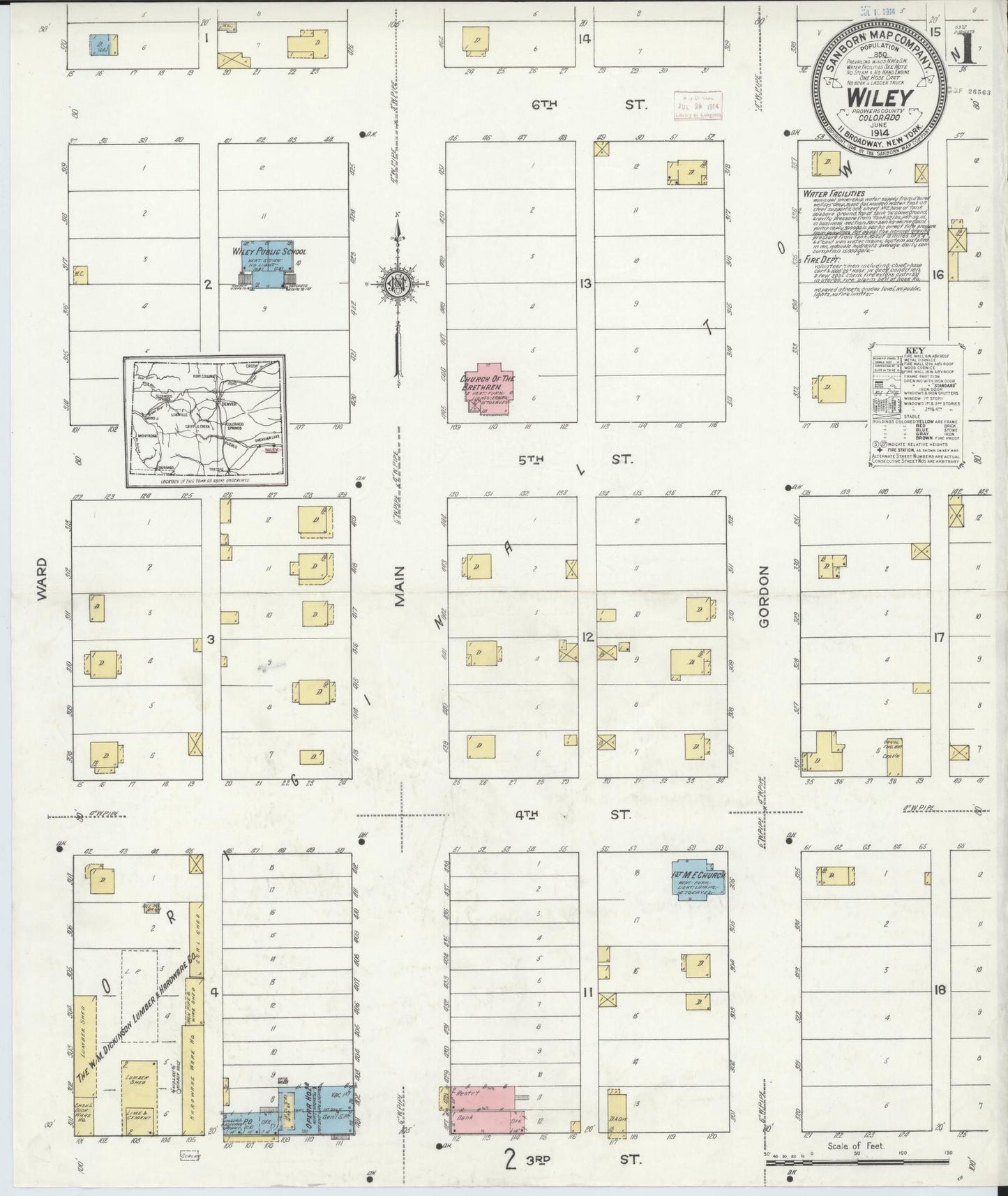 Sanborn Fire Insurance Map from Wiley, Prowers County, Colorado (1914), Sheet #0001 - Historic Sanborn Fire Insurance Map Print, vintage old map wall art, antique decor, genealogy gift, Colorado Colorado map