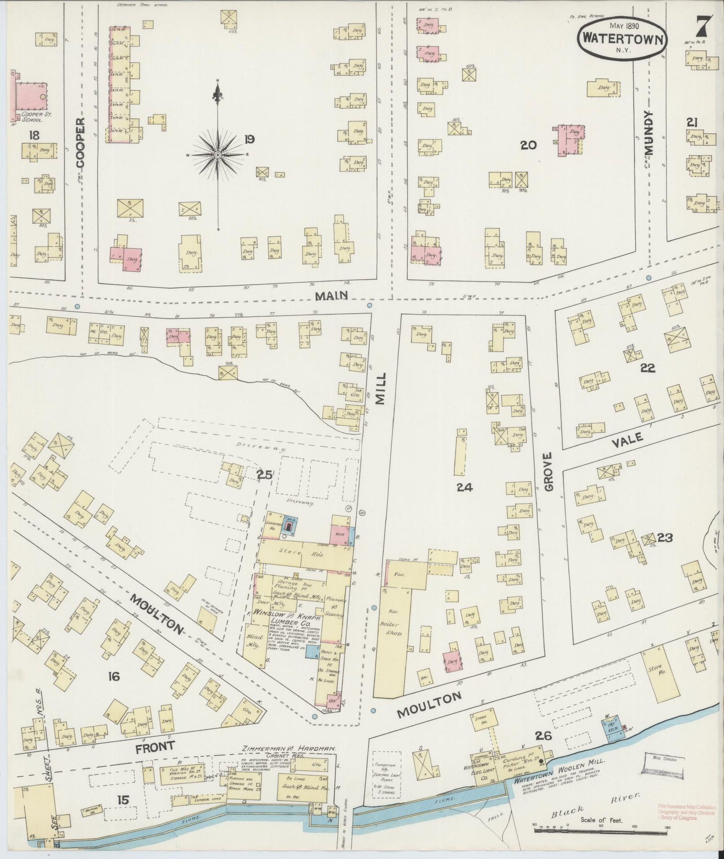 Sanborn Fire Insurance Map from Watertown, Jefferson County, New York (1890), Sheet #0007 - Historic Sanborn Fire Insurance Map Print, vintage old map wall art, antique decor, genealogy gift, New York New York map