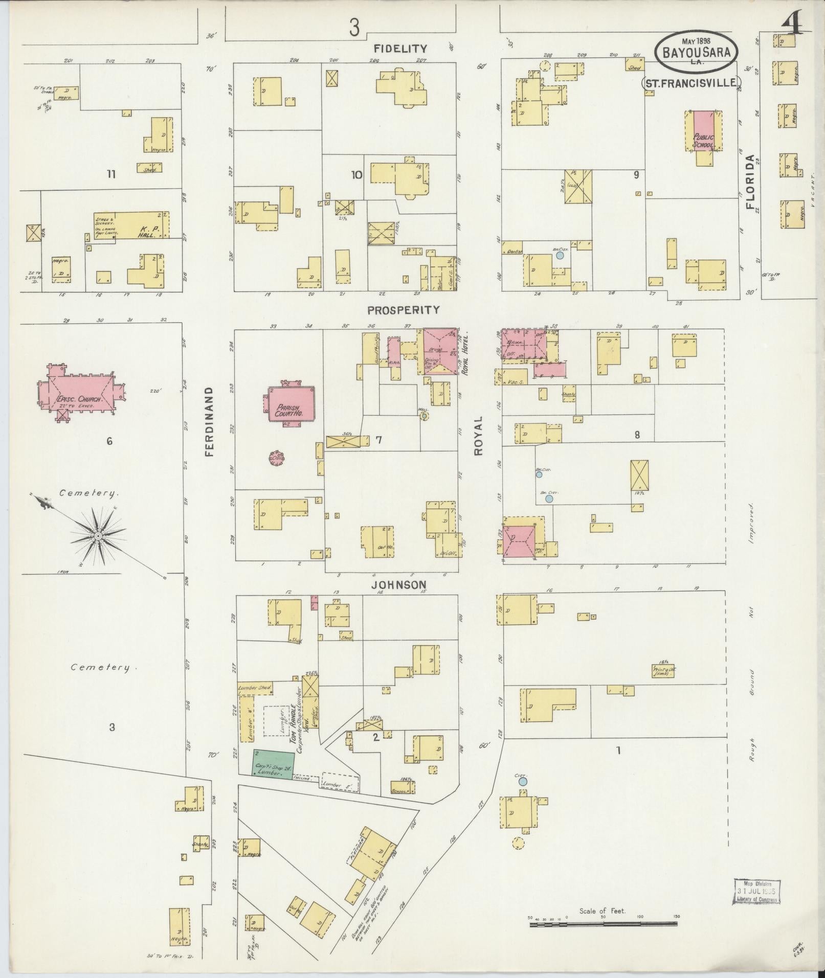 Sanborn Fire Insurance Map from Bayou Sara, West Feliciana Parish, Louisiana (1898), Sheet #0004 - Historic Sanborn Fire Insurance Map Print, vintage old map wall art, antique decor, genealogy gift, Louisiana Louisiana map