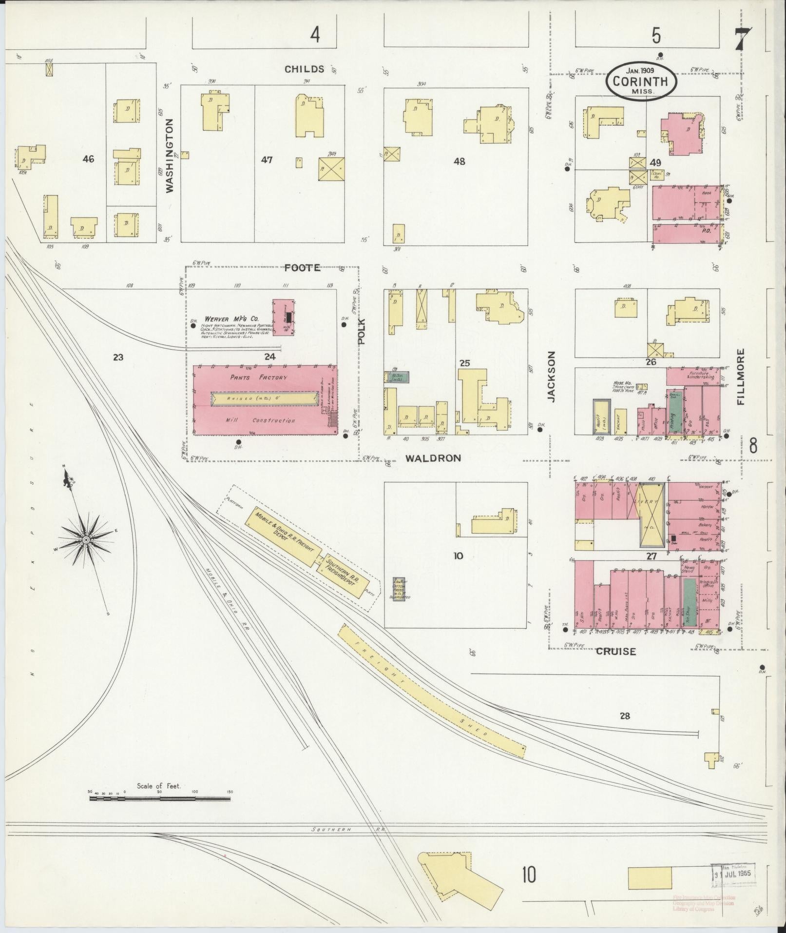 Sanborn Fire Insurance Map from Corinth, Alcorn County, Mississippi (1909), Sheet #0007 - Historic Sanborn Fire Insurance Map Print, vintage old map wall art, antique decor, genealogy gift, Mississippi Mississippi map