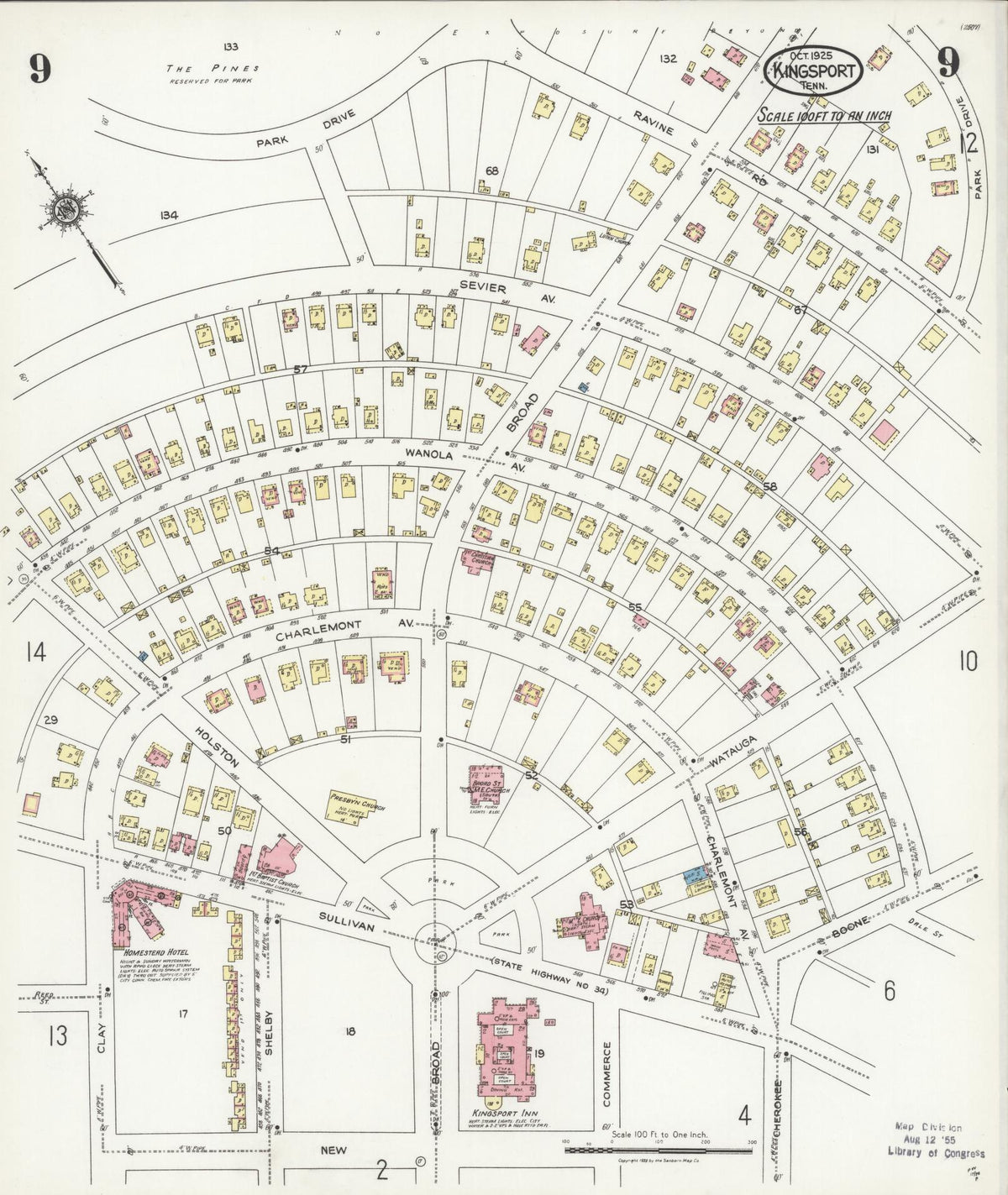 Sanborn Fire Insurance Map from Kingsport, Sullivan County, Tennessee (1925), Sheet #0009 - Complete Map Set gallery image, historic Sanborn map, vintage wall art, Tennessee Tennessee