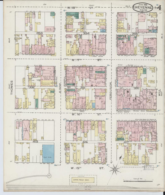 Sanborn Fire Insurance Map from Cheyenne, Laramie County, Wyoming (1886), Sheet #0004 - Historic Sanborn Fire Insurance Map Print, vintage old map wall art, antique decor, genealogy gift, Wyoming Wyoming map