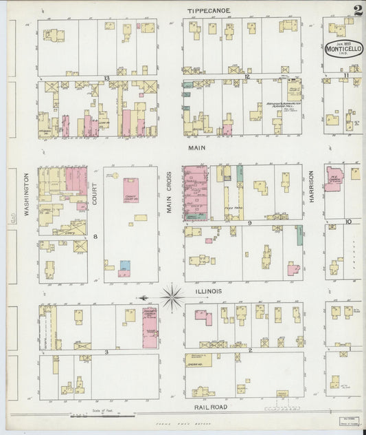 Sanborn Fire Insurance Map from Monticello, White County, Indiana (1893), Sheet #0002 - Historic Sanborn Fire Insurance Map Print, vintage old map wall art, antique decor, genealogy gift, Indiana Indiana map