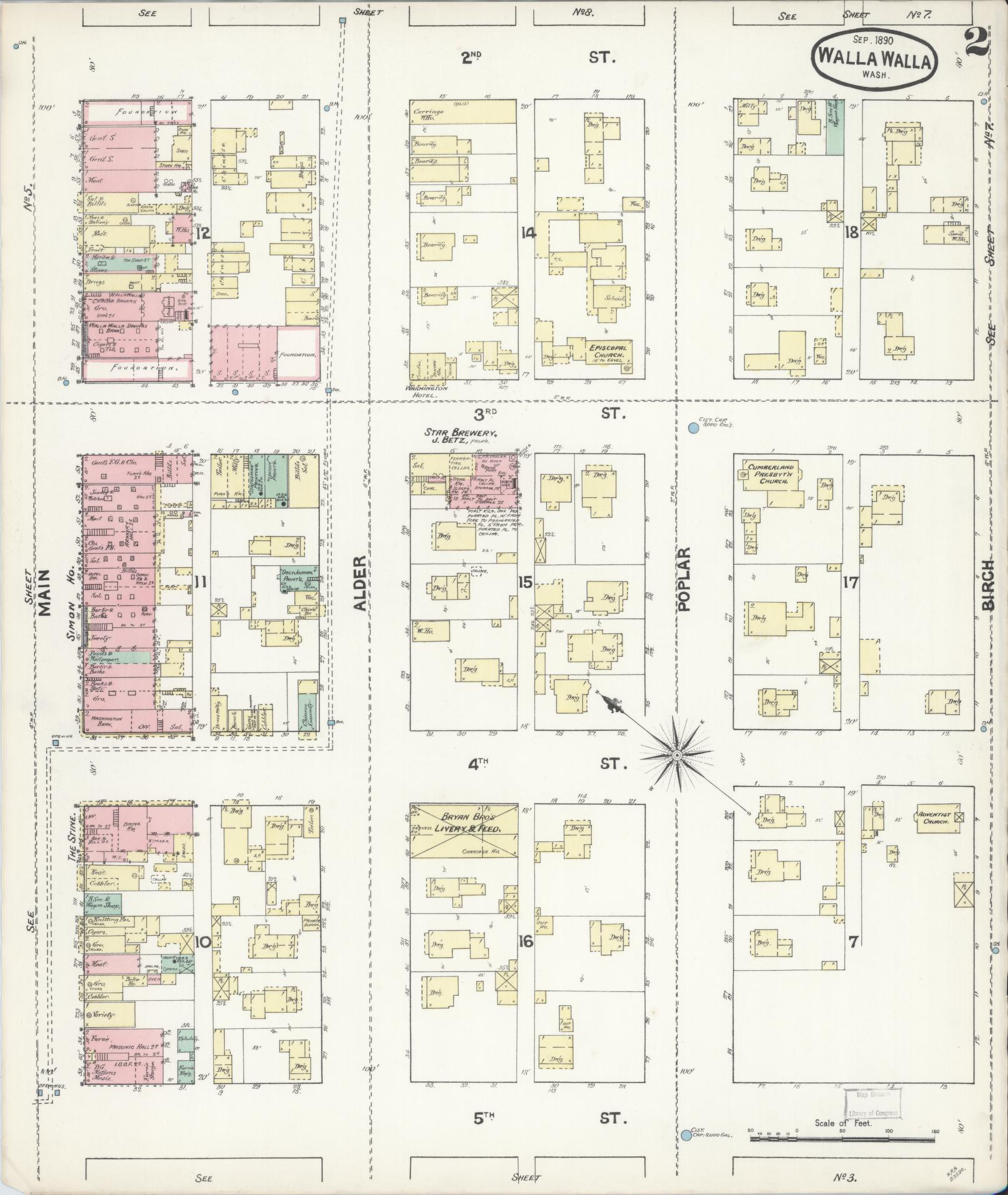 Sanborn Fire Insurance Map from Walla Walla, Walla Walla County, Washington (1890), Sheet #0002 - Complete Map Set gallery image, historic Sanborn map, vintage wall art, Washington Washington