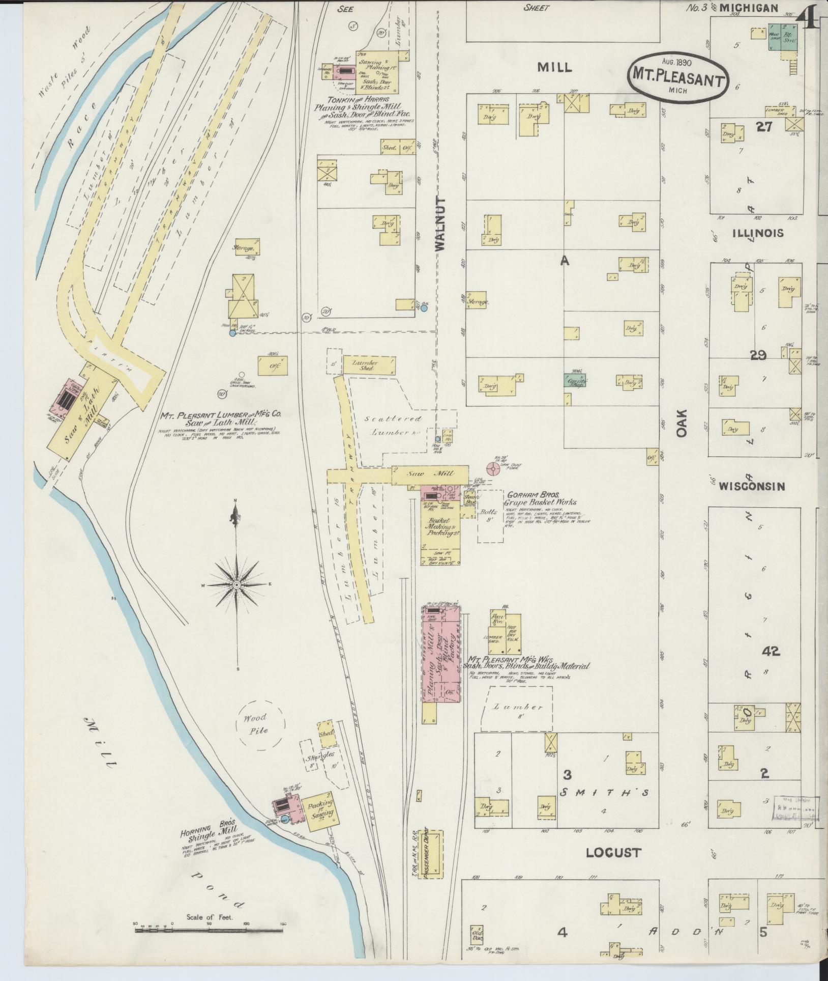 Sanborn Fire Insurance Map from Mount Pleasant, Isabella County, Michigan (1890), Sheet #0004 - Complete Map Set gallery image, historic Sanborn map, vintage wall art, Michigan Michigan