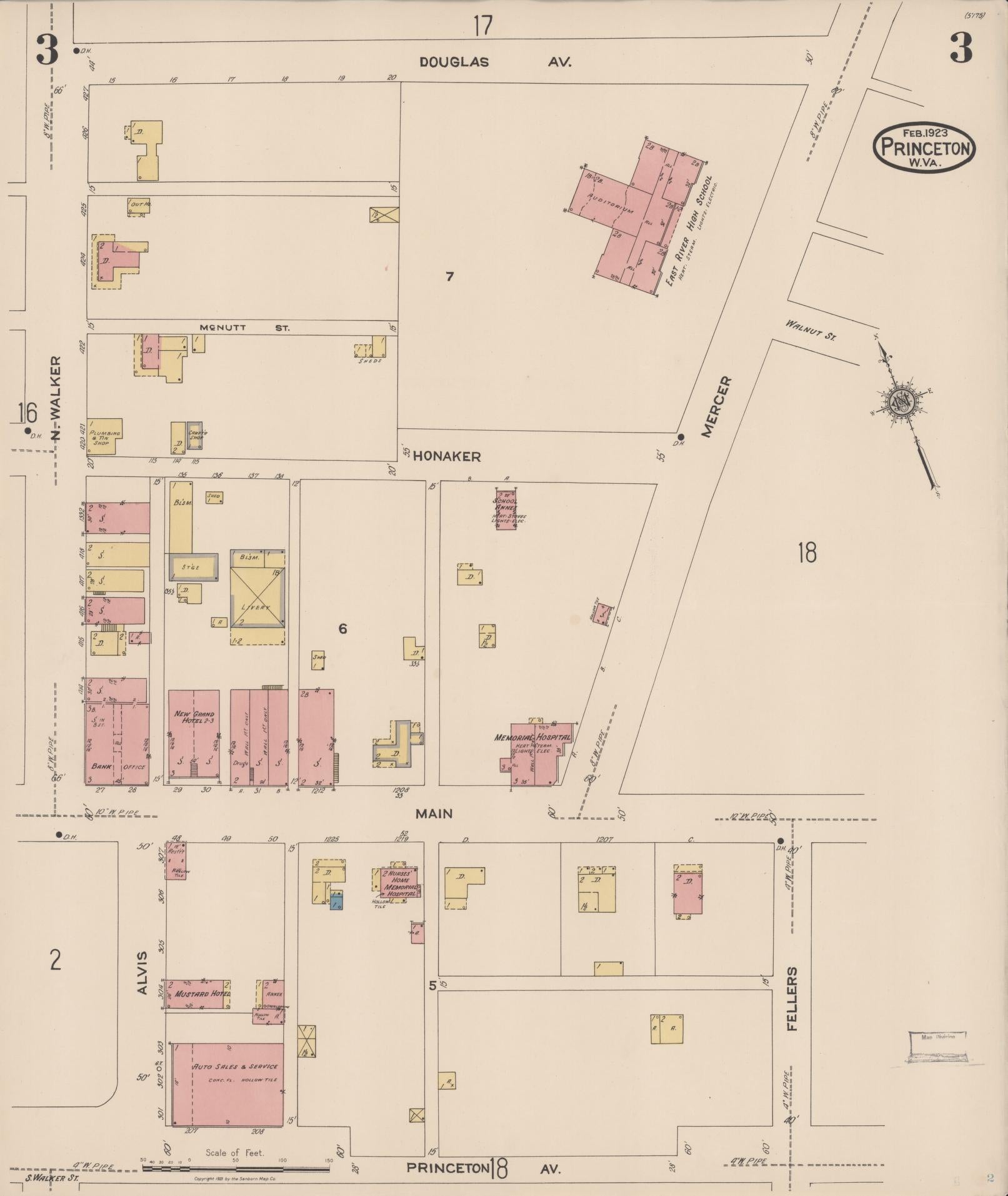 Sanborn Fire Insurance Map from Princeton, Mercer County, West Virginia (1923), Sheet #0003 - Complete Map Set gallery image, historic Sanborn map, vintage wall art, West Virginia West Virginia