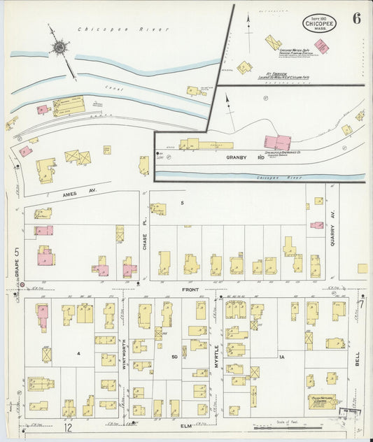Sanborn Fire Insurance Map from Chicopee, Hampden County, Massachusetts (1910), Sheet #0006 - Historic Sanborn Fire Insurance Map Print, vintage old map wall art, antique decor, genealogy gift, Massachusetts Massachusetts map