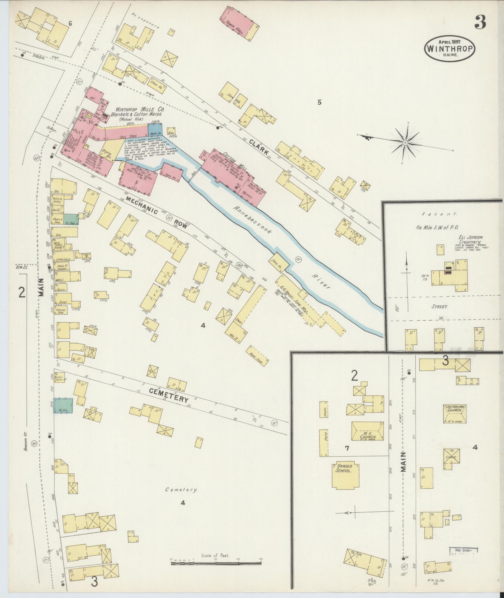 Sanborn Fire Insurance Map from Winthrop, Kennebec County, Maine (1897), Sheet #0003 - Complete Map Set gallery image, historic Sanborn map, vintage wall art, Maine Maine
