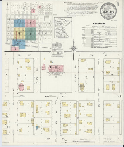 Sanborn Fire Insurance Map from Madison, Lac Qui Parle County, Minnesota (1913), Sheet #0001 - Historic Sanborn Fire Insurance Map Print, vintage old map wall art, antique decor, genealogy gift, Minnesota Minnesota map