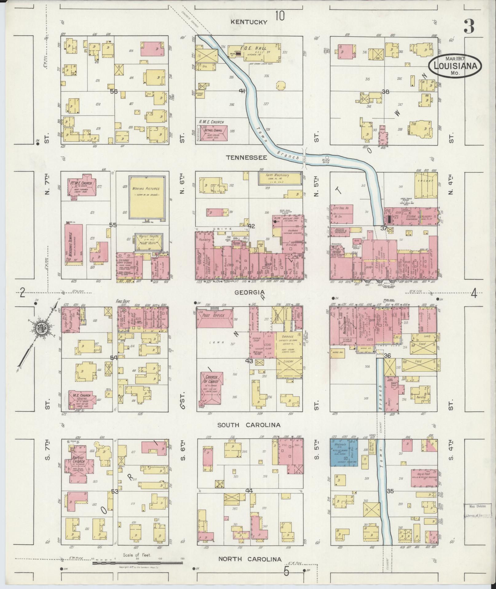 Sanborn Fire Insurance Map from Louisiana, Pike County, Missouri (1917), Sheet #0003 - Historic Sanborn Fire Insurance Map Print, vintage old map wall art, antique decor, genealogy gift, Missouri Missouri map