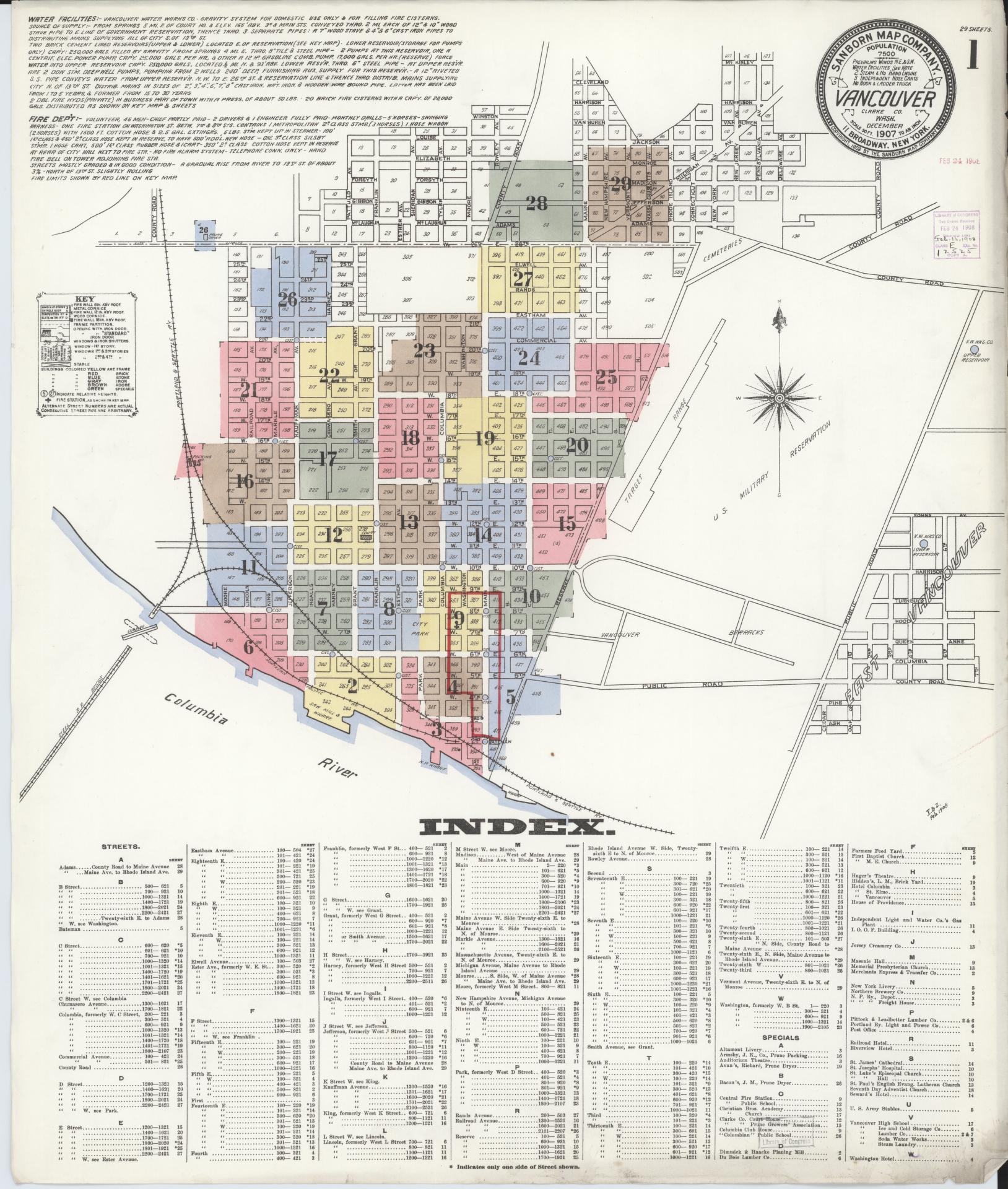 Sanborn Fire Insurance Map from Vancouver, Clark County, Washington (1907), Sheet #0001 - Complete Map Set gallery image, historic Sanborn map, vintage wall art, Washington Washington