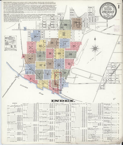 Sanborn Fire Insurance Map from Vancouver, Clark County, Washington (1907), Sheet #0001 - Complete Map Set gallery image, historic Sanborn map, vintage wall art, Washington Washington