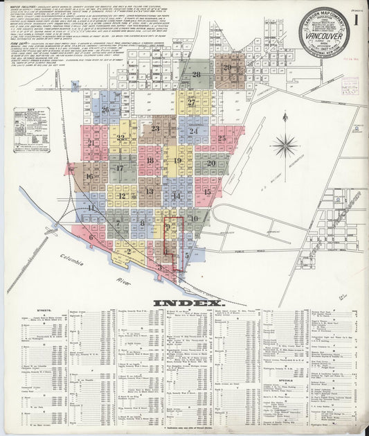 Sanborn Fire Insurance Map from Vancouver, Clark County, Washington (1907), Sheet #0001 - Complete Map Set gallery image, historic Sanborn map, vintage wall art, Washington Washington