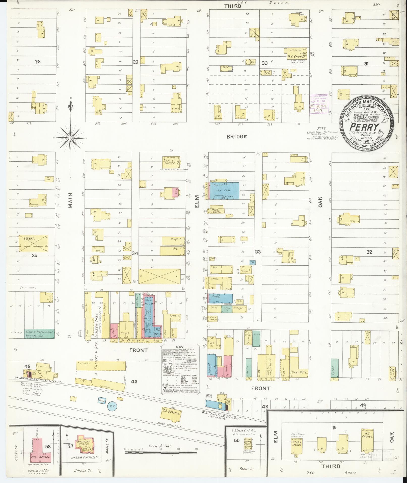 Sanborn Fire Insurance Map from Perry, Jefferson County, Kansas (1905), Sheet #0001 - Historic Sanborn Fire Insurance Map Print, vintage old map wall art, antique decor, genealogy gift, Kansas Kansas map