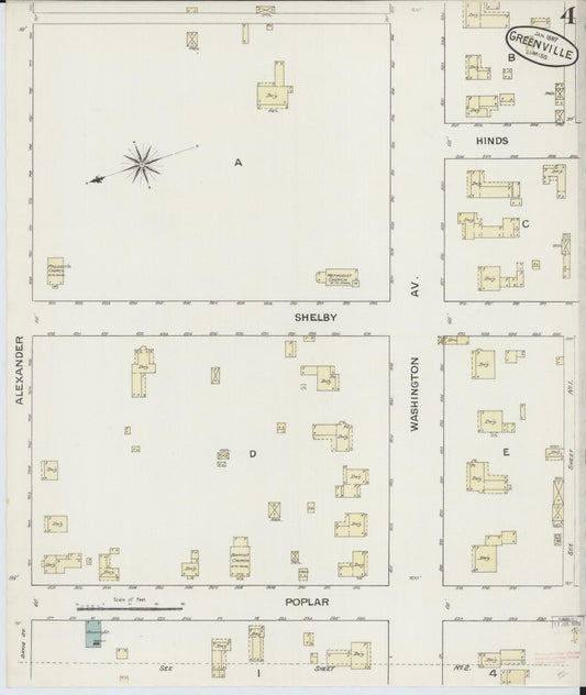 Sanborn Fire Insurance Map from Greenville, Washington County, Mississippi (1887), Sheet #0004 - Historic Sanborn Fire Insurance Map Print, vintage old map wall art, antique decor, genealogy gift, Mississippi Mississippi map