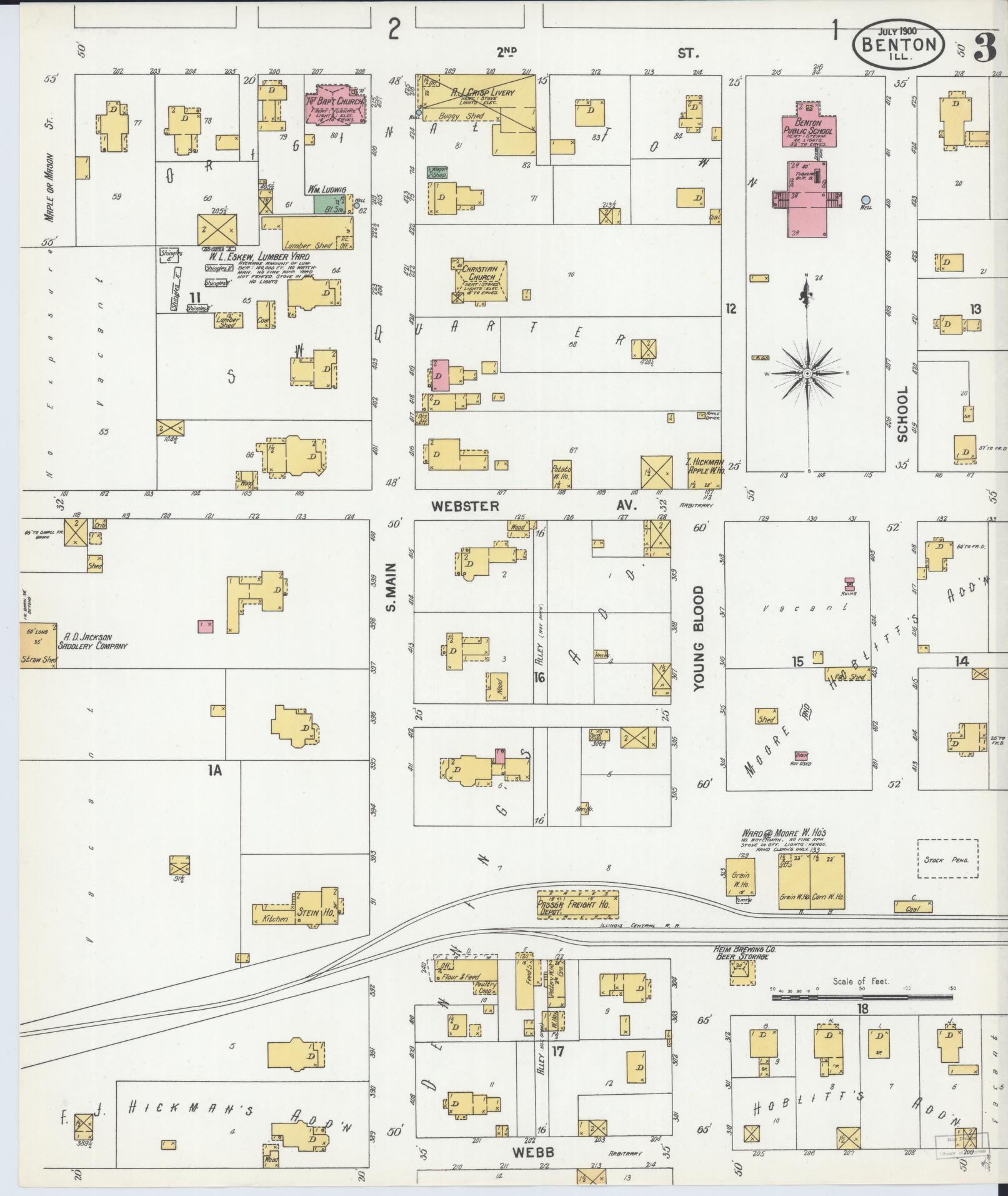 Sanborn Fire Insurance Map from Benton, Franklin County, Illinois (1900), Sheet #0003 - Historic Sanborn Fire Insurance Map Print, vintage old map wall art, antique decor, genealogy gift, Illinois Illinois map