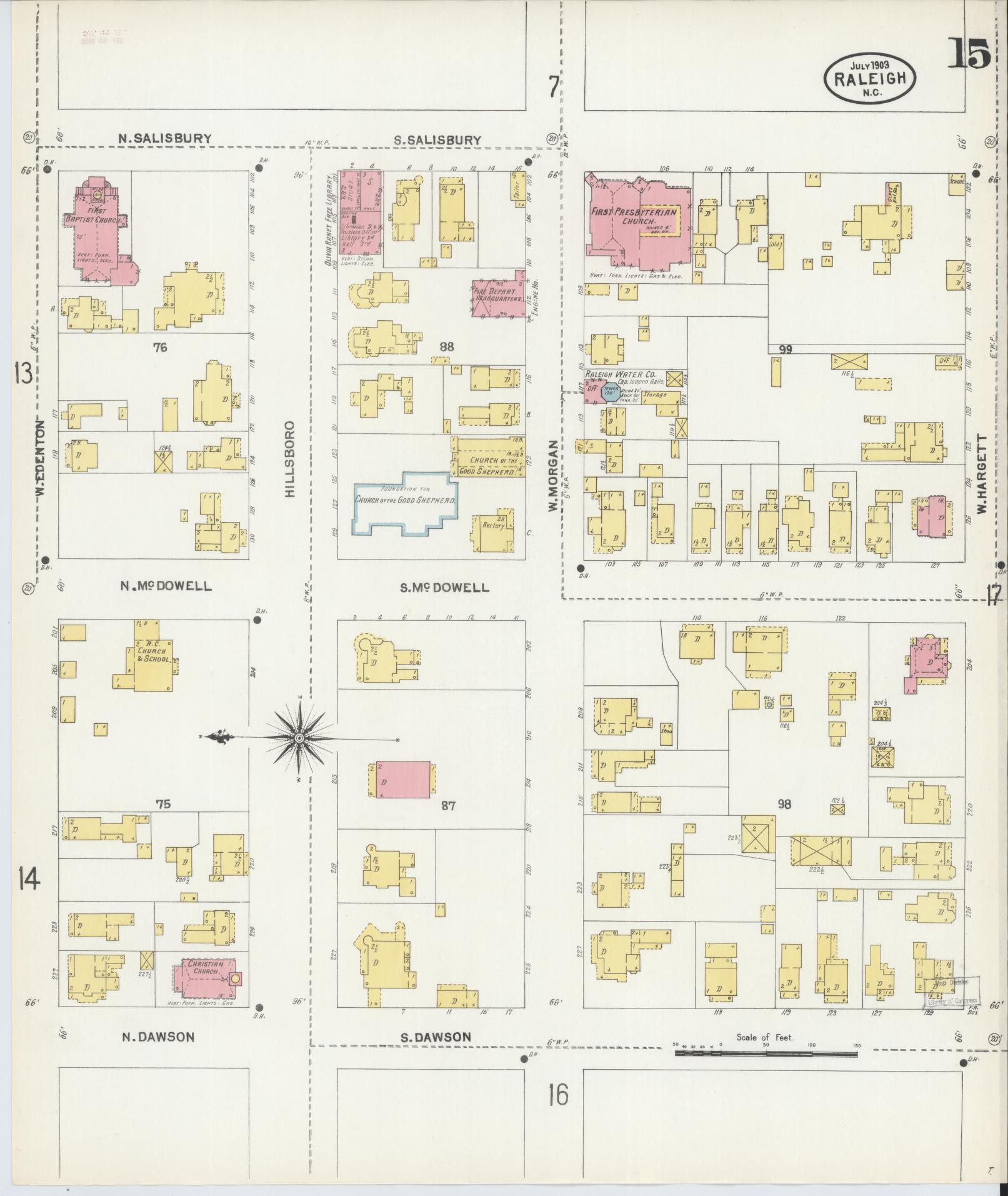 Sanborn Fire Insurance Map from Raleigh, Wake County, North Carolina (1903), Sheet #0015 - Historic Sanborn Fire Insurance Map Print, vintage old map wall art, antique decor, genealogy gift, North Carolina North Carolina map