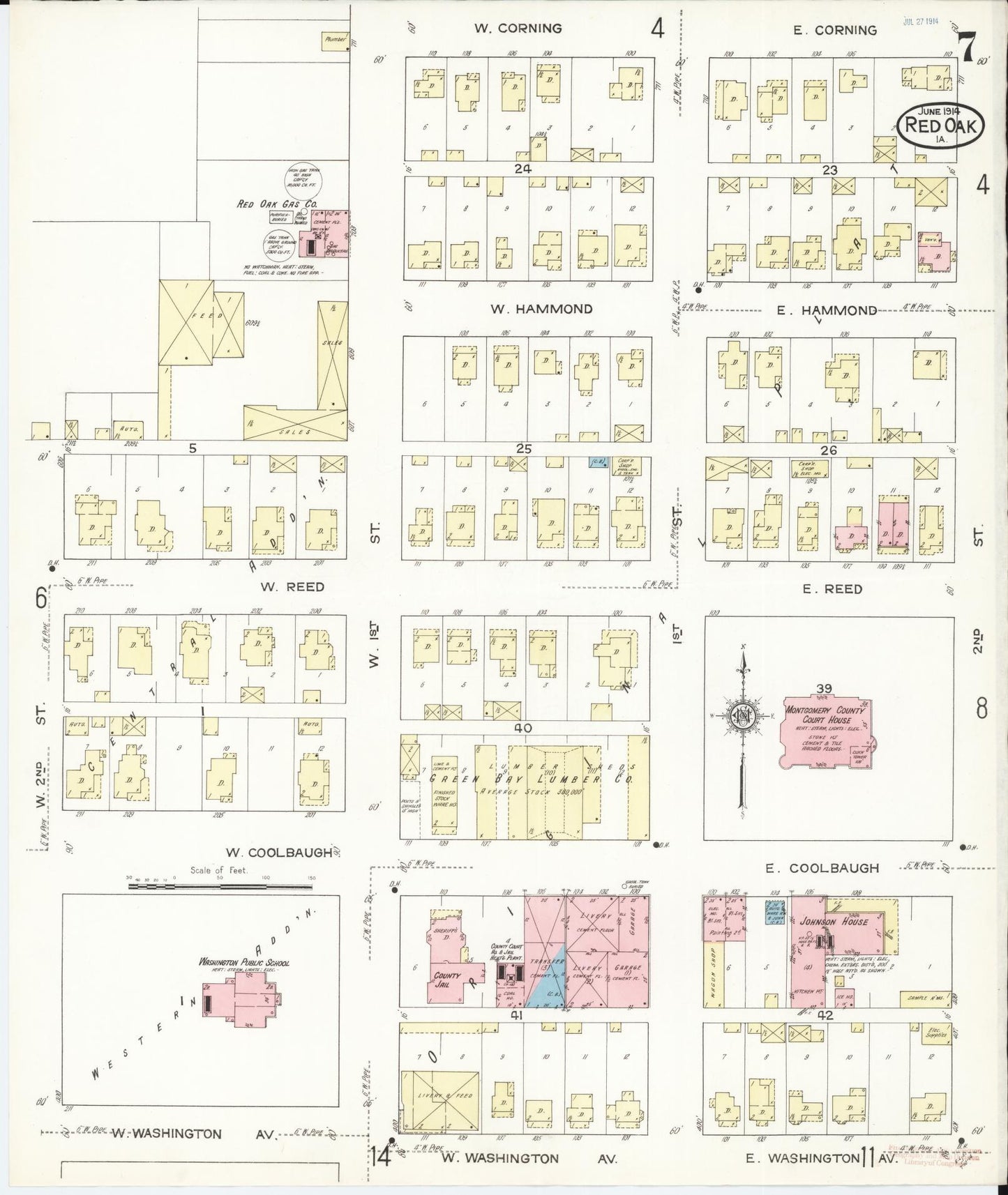 Sanborn Fire Insurance Map from Red Oak, Montgomery County, Iowa (1914), Sheet #0007 - Historic Sanborn Fire Insurance Map Print, vintage old map wall art