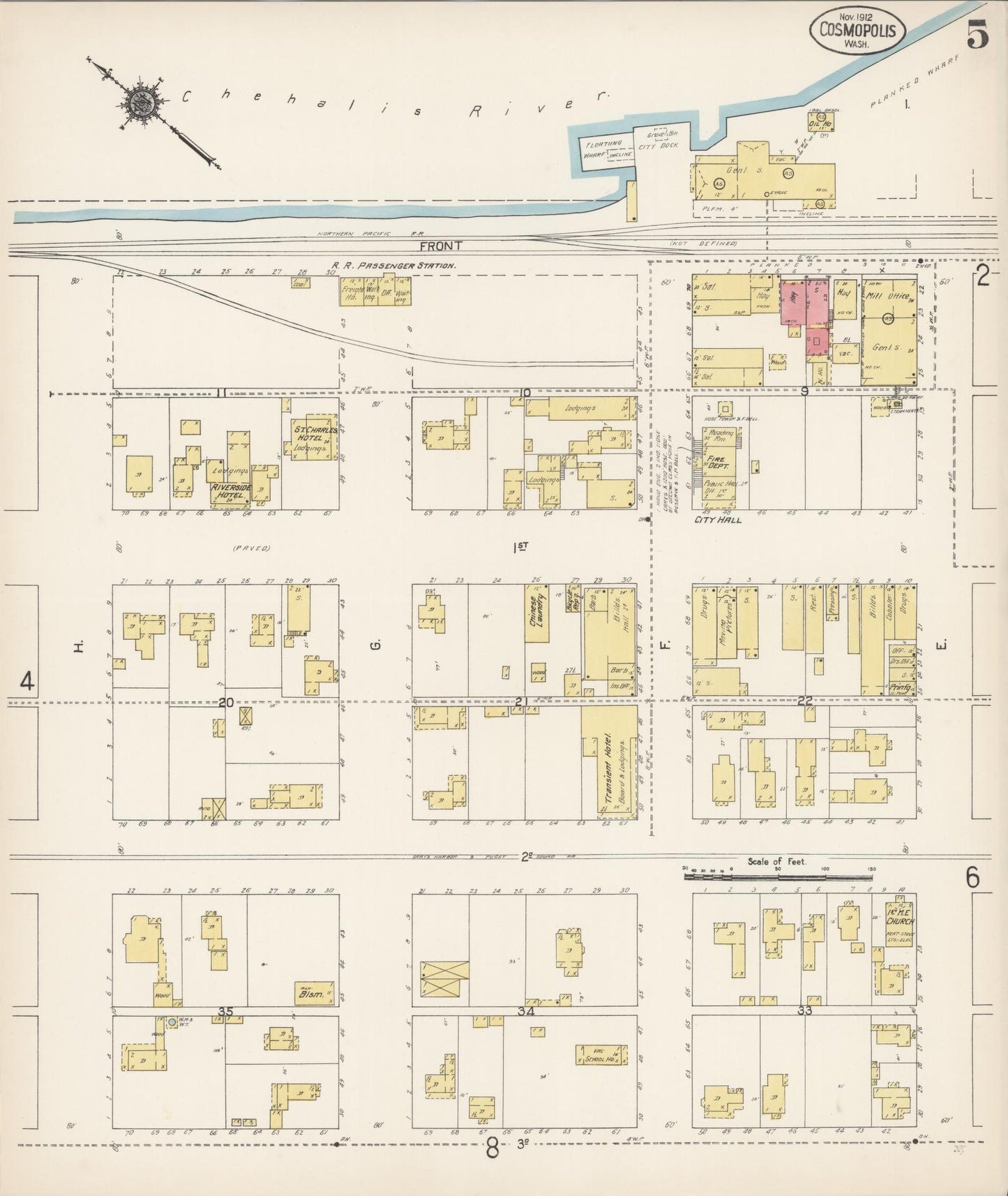 Sanborn Fire Insurance Map from Cosmopolis, Grays Harbor County, Washington (1912), Sheet #0005 - Historic Sanborn Fire Insurance Map Print, vintage old map wall art, antique decor, genealogy gift, Washington Washington map