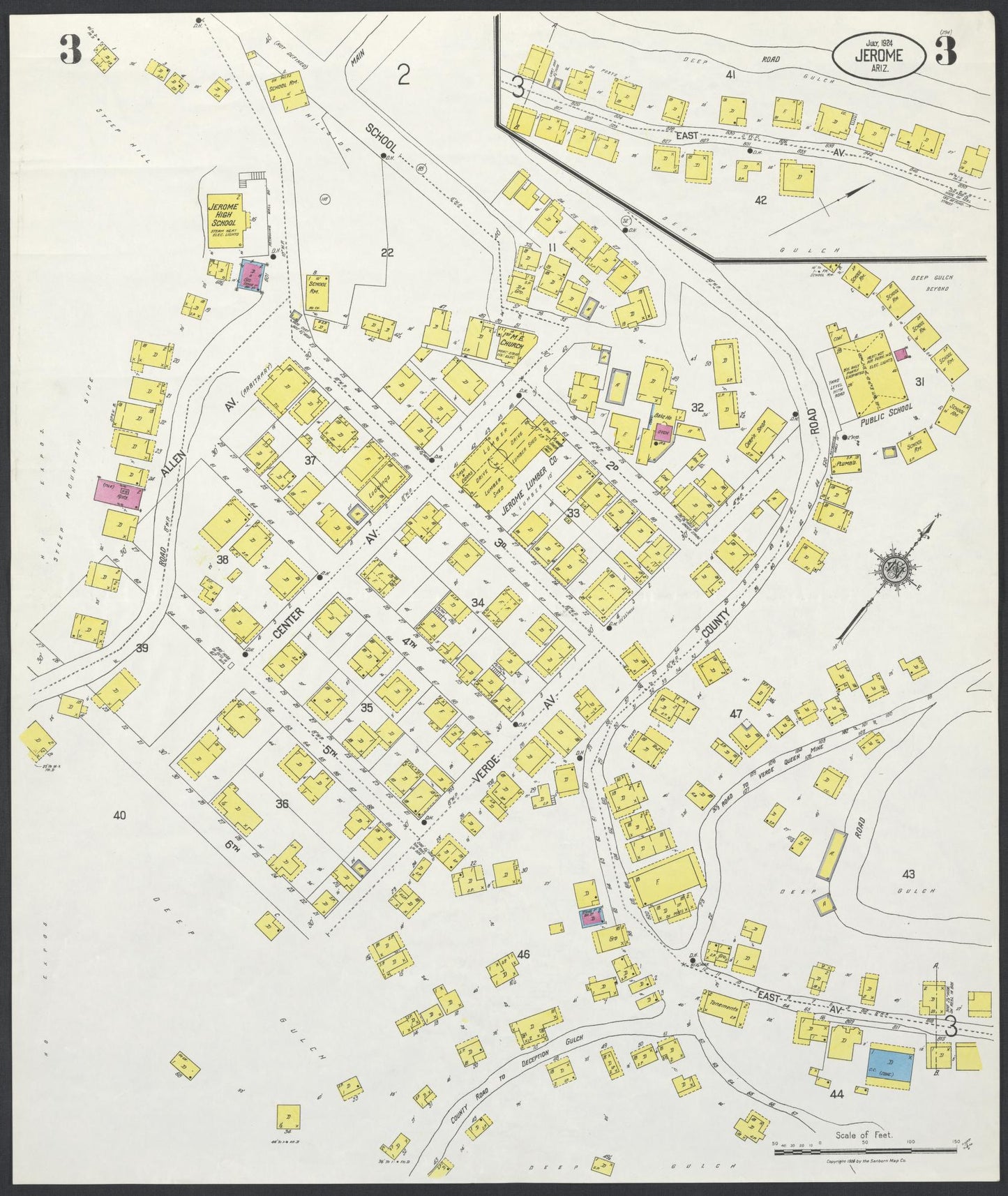 Sanborn Fire Insurance Map from Jerome, Yavapai County, Arizona (1924), Sheet #0003 - Historic Sanborn Fire Insurance Map Print, vintage old map wall art, antique decor, genealogy gift, Arizona Arizona map