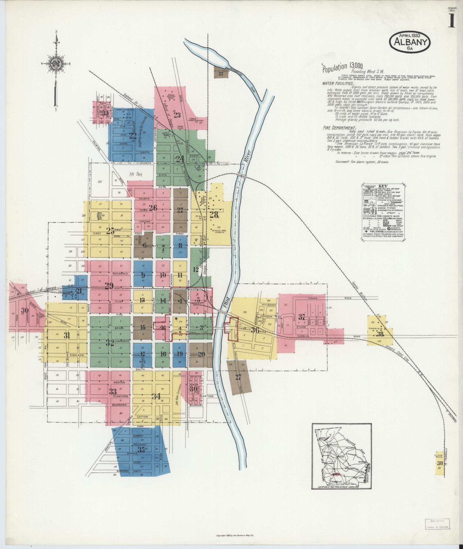 Sanborn Fire Insurance Map from Albany, Dougherty County, Georgia (1920), Sheet #0001 - Historic Sanborn Fire Insurance Map Print, vintage old map wall art, antique decor, genealogy gift, Georgia Georgia map