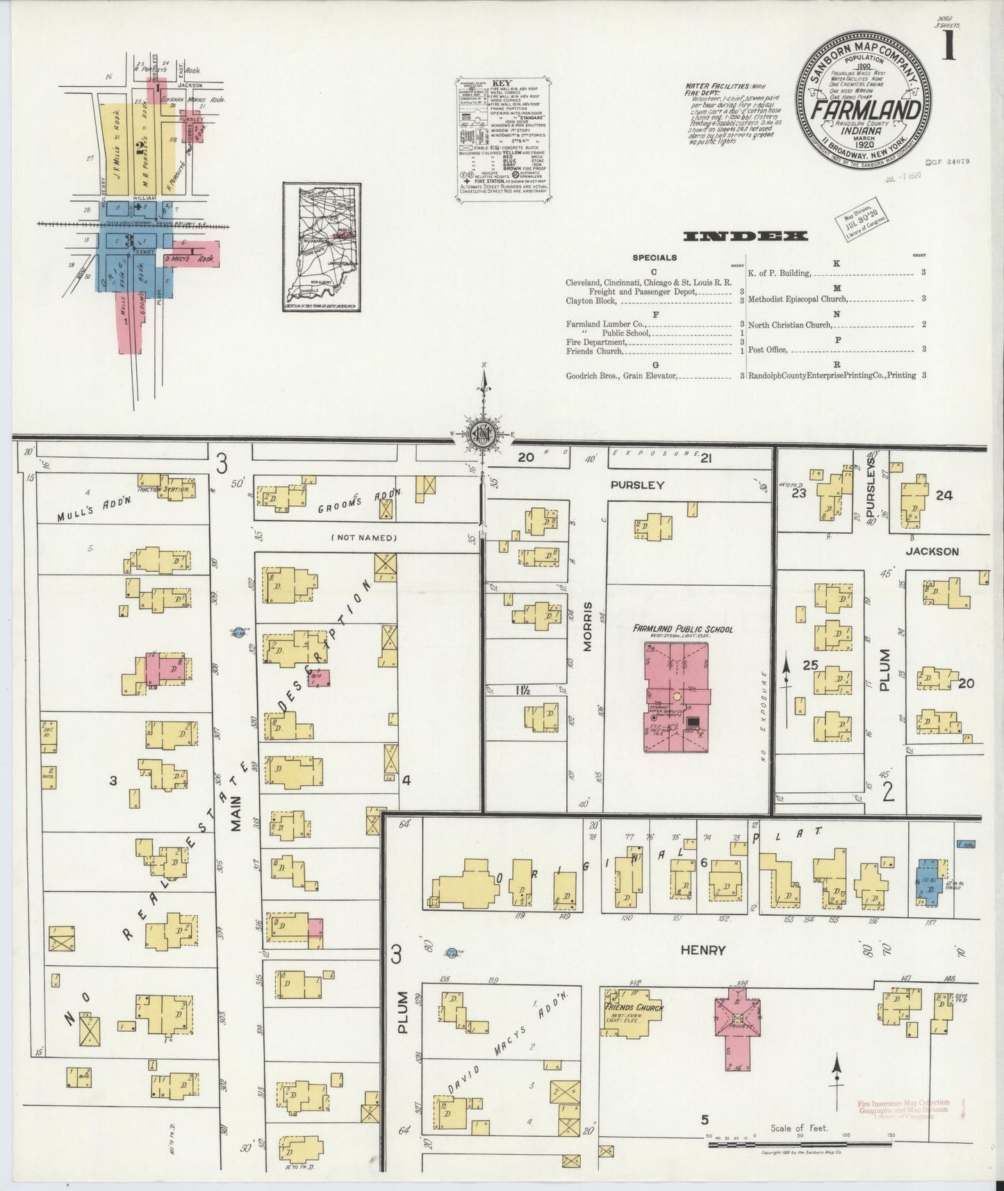 Sanborn Fire Insurance Map from Farmland, Randolph County, Indiana (1920), Sheet #0001 - Complete Map Set gallery image, historic Sanborn map, vintage wall art, Indiana Indiana