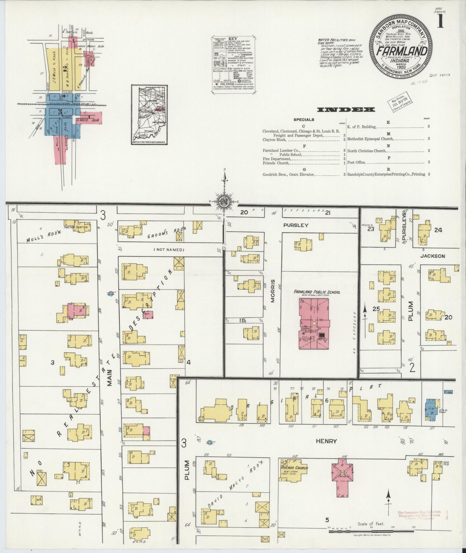 Sanborn Fire Insurance Map from Farmland, Randolph County, Indiana (1920), Sheet #0001 - Complete Map Set gallery image, historic Sanborn map, vintage wall art, Indiana Indiana