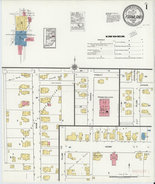 Sanborn Fire Insurance Map from Farmland, Randolph County, Indiana (1920), Sheet #0001 - Complete Map Set gallery image, historic Sanborn map, vintage wall art, Indiana Indiana