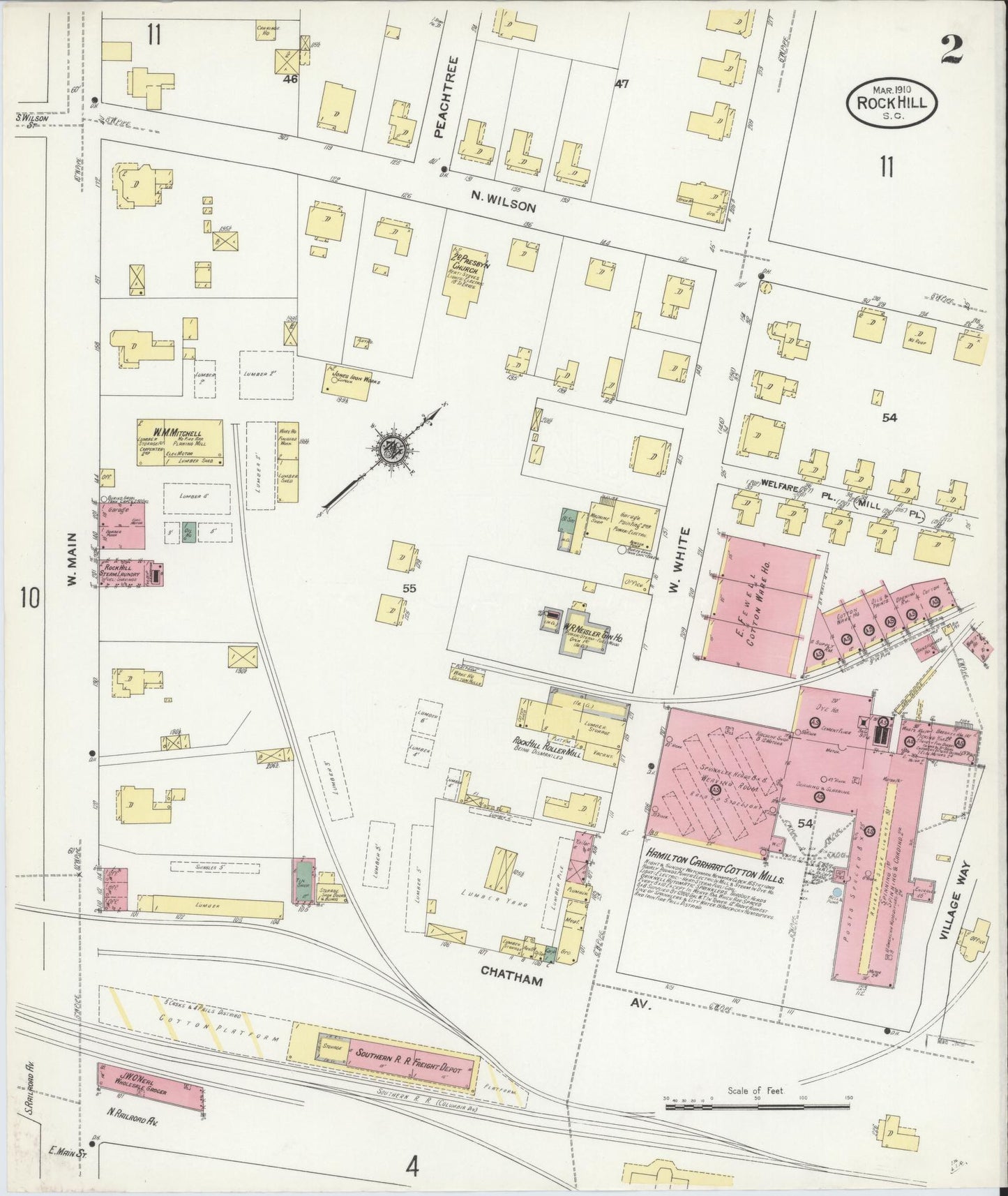 Sanborn Fire Insurance Map from Rock Hill, York County, South Carolina (1910), Sheet #0002 - Historic Sanborn Fire Insurance Map Print, vintage old map wall art, antique decor, genealogy gift, South Carolina South Carolina map