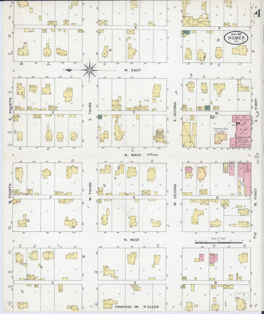 Sanborn Fire Insurance Map from Homer, Champaign County, Illinois (1909), Sheet #0004 - Historic Sanborn Fire Insurance Map Print, vintage old map wall art, antique decor, genealogy gift, Illinois Illinois map