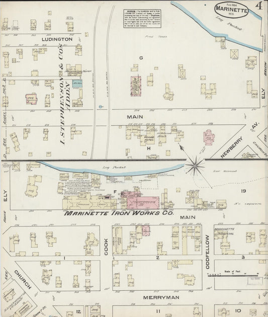 Sanborn Fire Insurance Map from Marinette, Marinette County, Wisconsin (1884), Sheet #0004 - Historic Sanborn Fire Insurance Map Print, vintage old map wall art, antique decor, genealogy gift, Wisconsin Wisconsin map