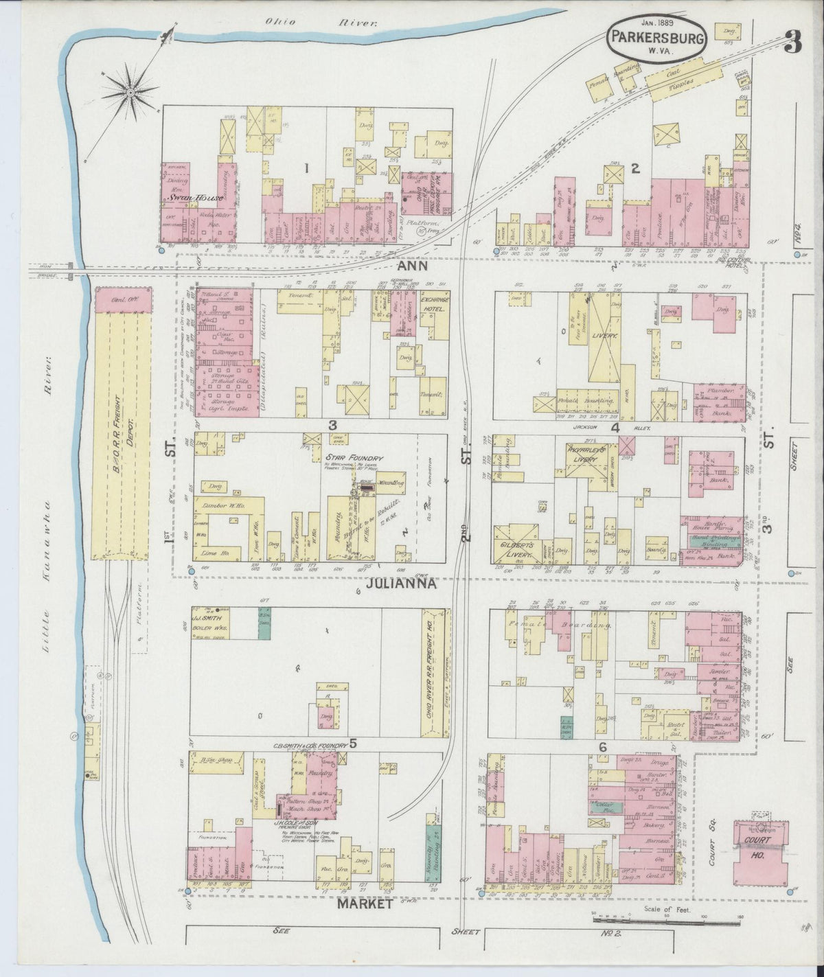 Sanborn Fire Insurance Map from Parkersburg, Wood County, West Virginia (1889), Sheet #0003 - Complete Map Set gallery image, historic Sanborn map, vintage wall art, West Virginia West Virginia