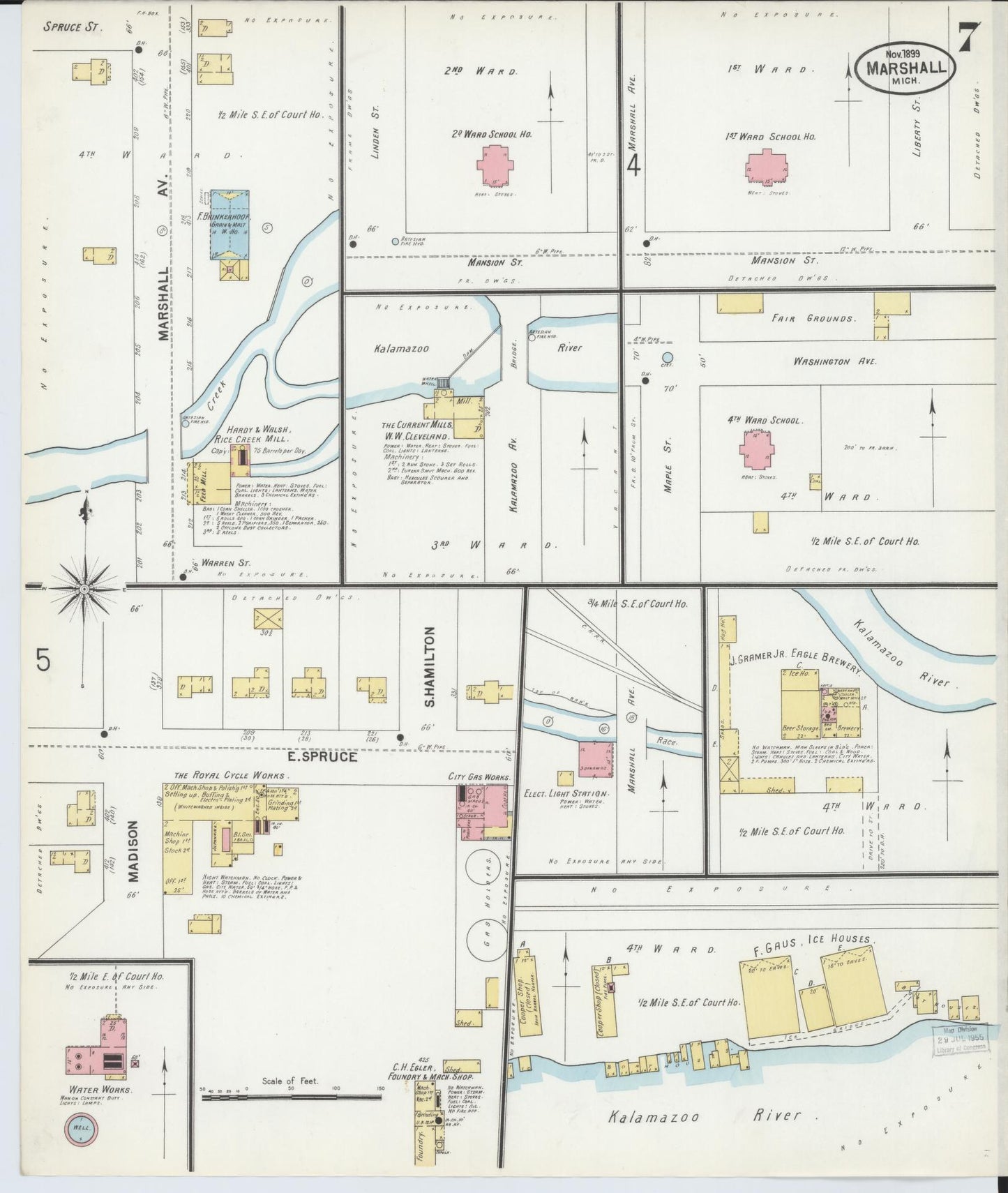 Sanborn Fire Insurance Map from Marshall, Calhoun County, Michigan (1899), Sheet #0007 - Historic Sanborn Fire Insurance Map Print, vintage old map wall art, antique decor, genealogy gift, Michigan Michigan map