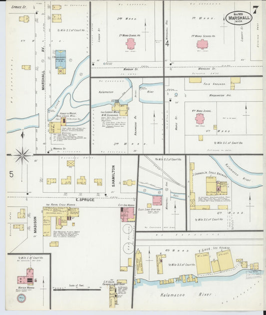 Sanborn Fire Insurance Map from Marshall, Calhoun County, Michigan (1899), Sheet #0007 - Historic Sanborn Fire Insurance Map Print, vintage old map wall art, antique decor, genealogy gift, Michigan Michigan map