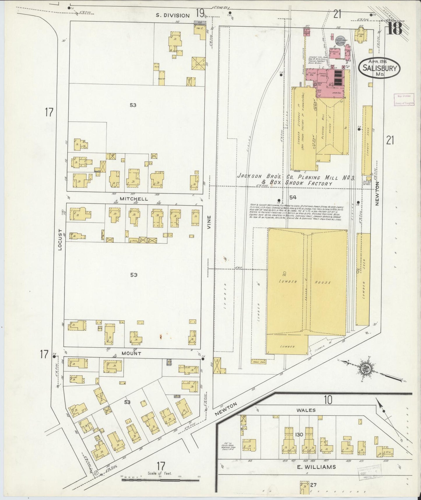 Sanborn Fire Insurance Map from Salisbury, Wicomico County, Maryland (1916), Sheet #0018 - Historic Sanborn Fire Insurance Map Print, vintage old map wall art