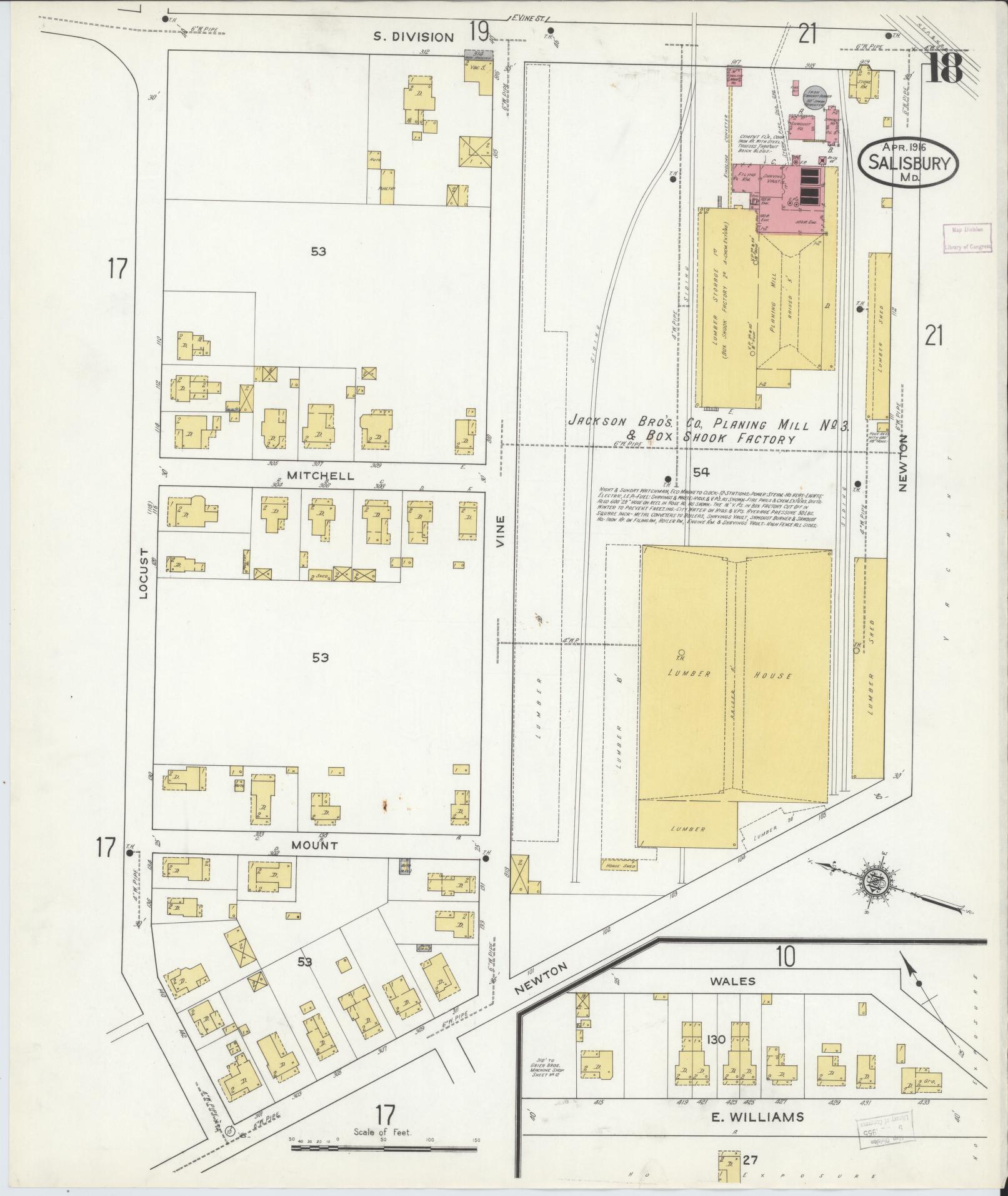 Sanborn Fire Insurance Map from Salisbury, Wicomico County, Maryland (1916), Sheet #0018 - Historic Sanborn Fire Insurance Map Print, vintage old map wall art