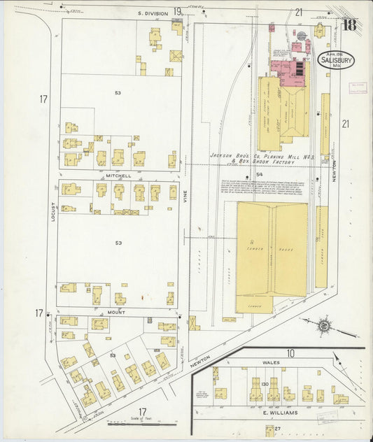 Sanborn Fire Insurance Map from Salisbury, Wicomico County, Maryland (1916), Sheet #0018 - Historic Sanborn Fire Insurance Map Print, vintage old map wall art